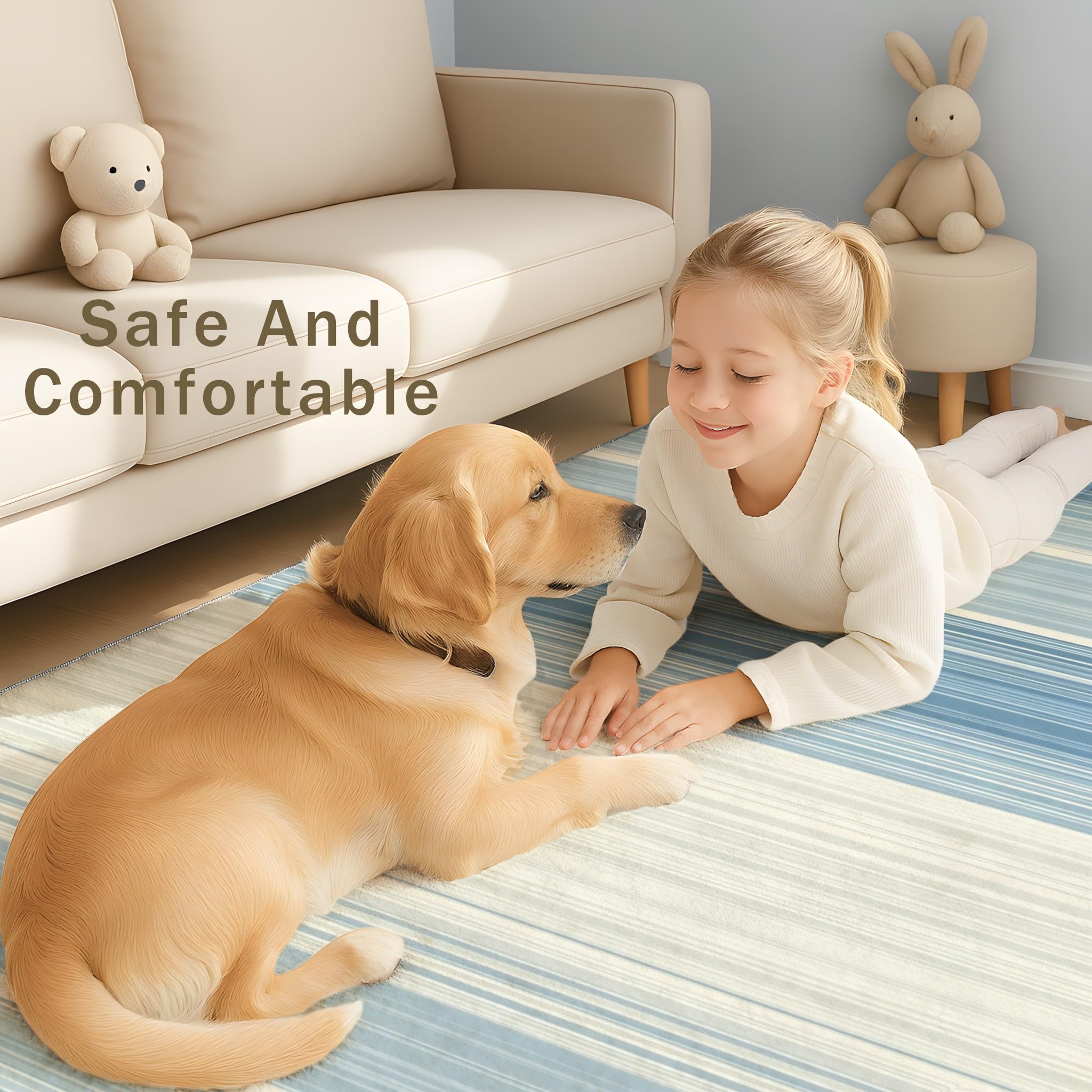 Générique 60 x 90 cm Tapis Minimaliste Dégradé Imprimé Moderne Frais Tapiss Rayures Verticales Bleu Clair Blanc & Tapis antidérapant Magique intégré pour Couloir Entrée