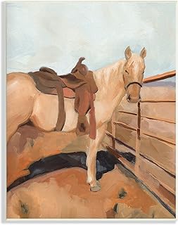 Stupell Industries Saddled Horse Southwestern Field Farm Fence Orange Blue, Design by Jacob Green Wall Plaque, 10 x 15