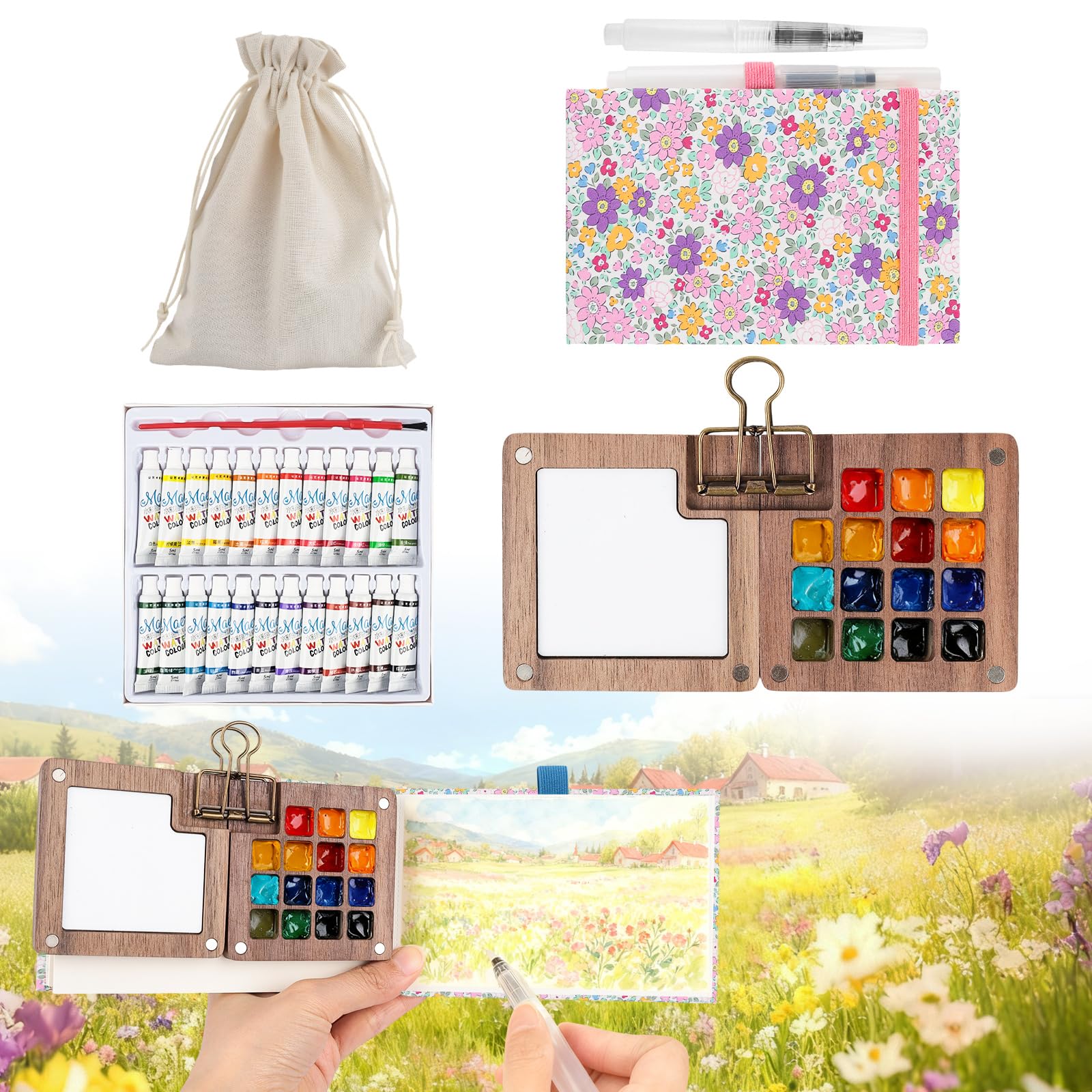 7 PCS Pocket Artist Watercolour Travel Set - 15 Grids Travel Watercolour Paint Set Portable, Mini Watercolour Paint Set Travel, Painting Set with Foldable Wooden Palette, Sketchbook, Brush (Pink)