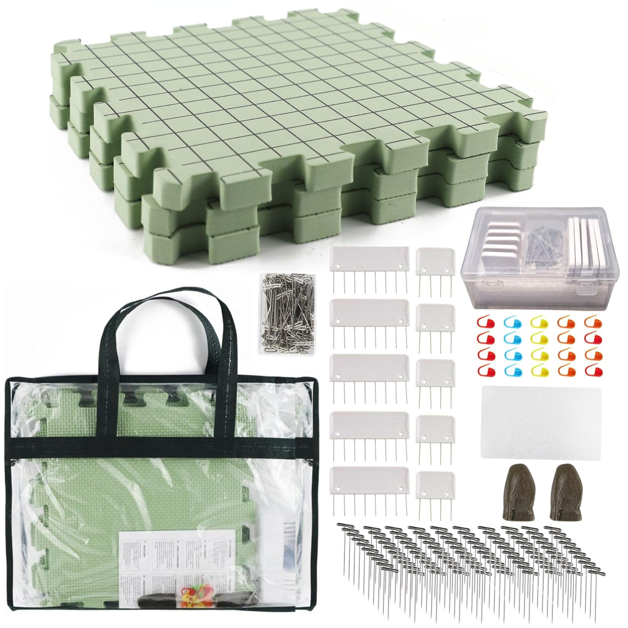 SusggO Packung mit 3 Häkelnadeln, Schaumstoff, 10 Kämme, 100 T-Pins, Fingerschutz, 20 Marker, Schwamm, Blocker, Granny Häkeln, Schloss, Granny Square