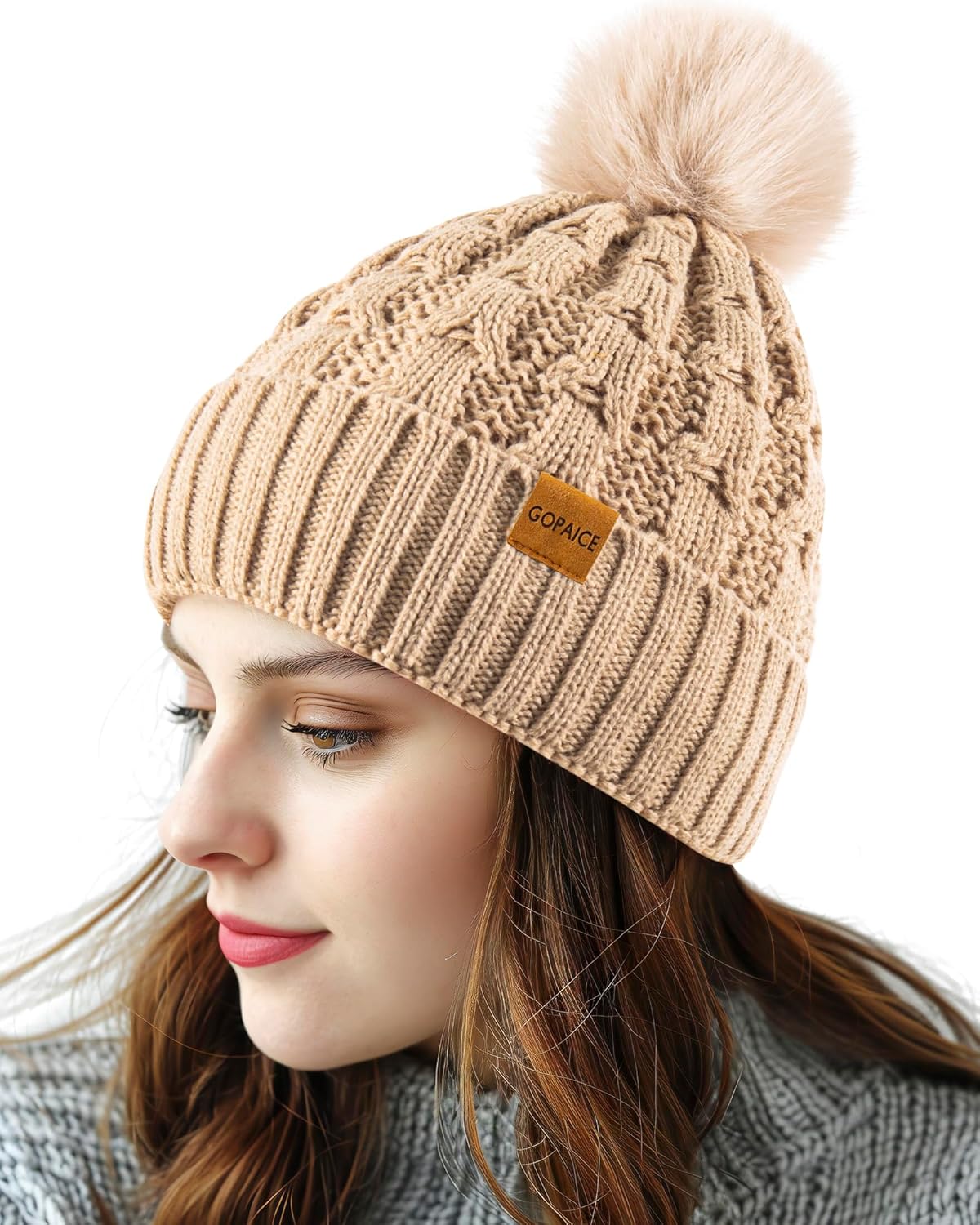 Womens Winter Knitted Beanie Hat,Warm Fleece Lined Soft Chunky Trendy Ski Cap with Cute Pom Pom - Image 2