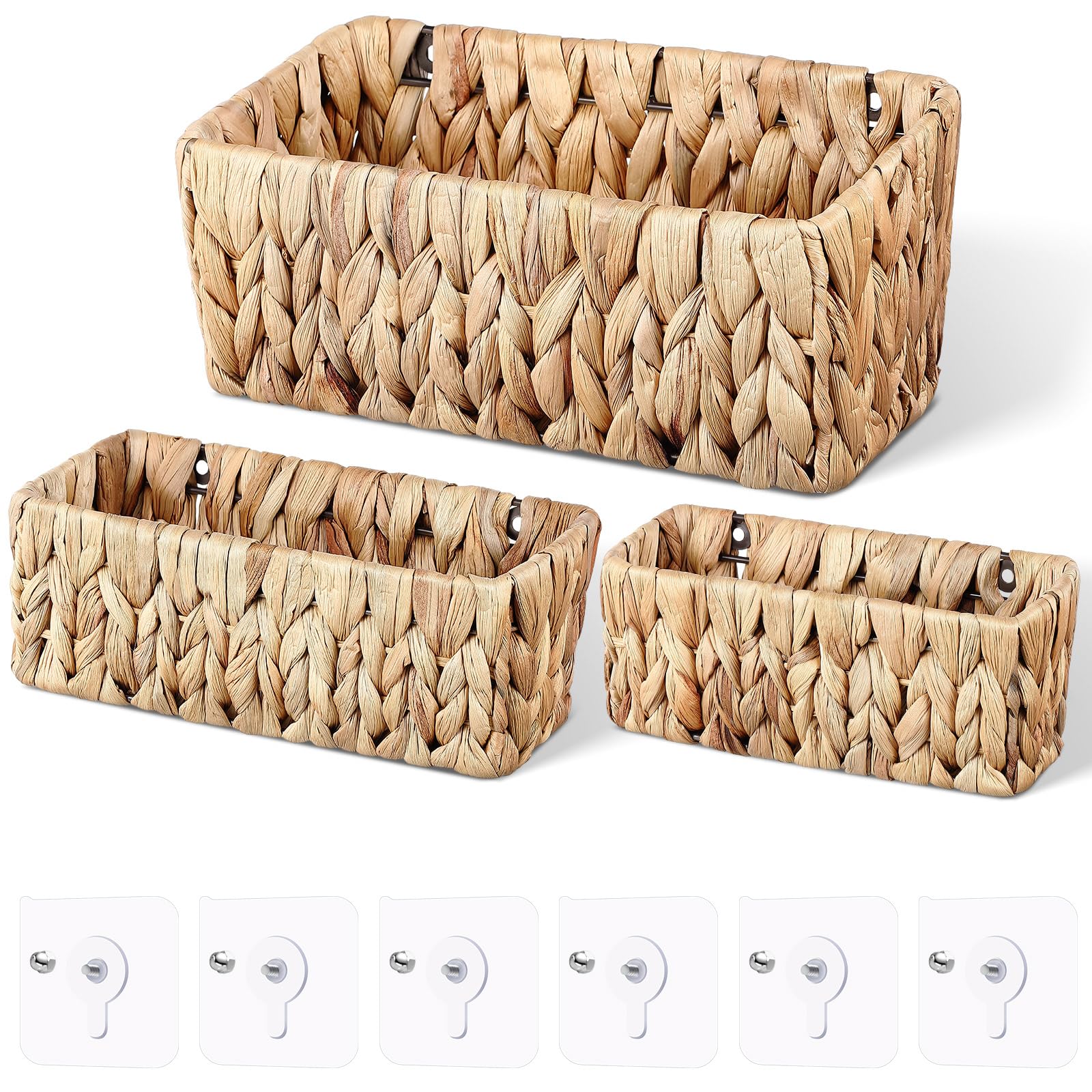 3 Pcs Seagrass Woven Hanging Wall Baskets with 6 Wall Mounting Hooks Hanging Storage Baskets Wall Basket Decorative Bathroom Wall Mount Organizer for Boho Room Decor Letters Mail Kitchen