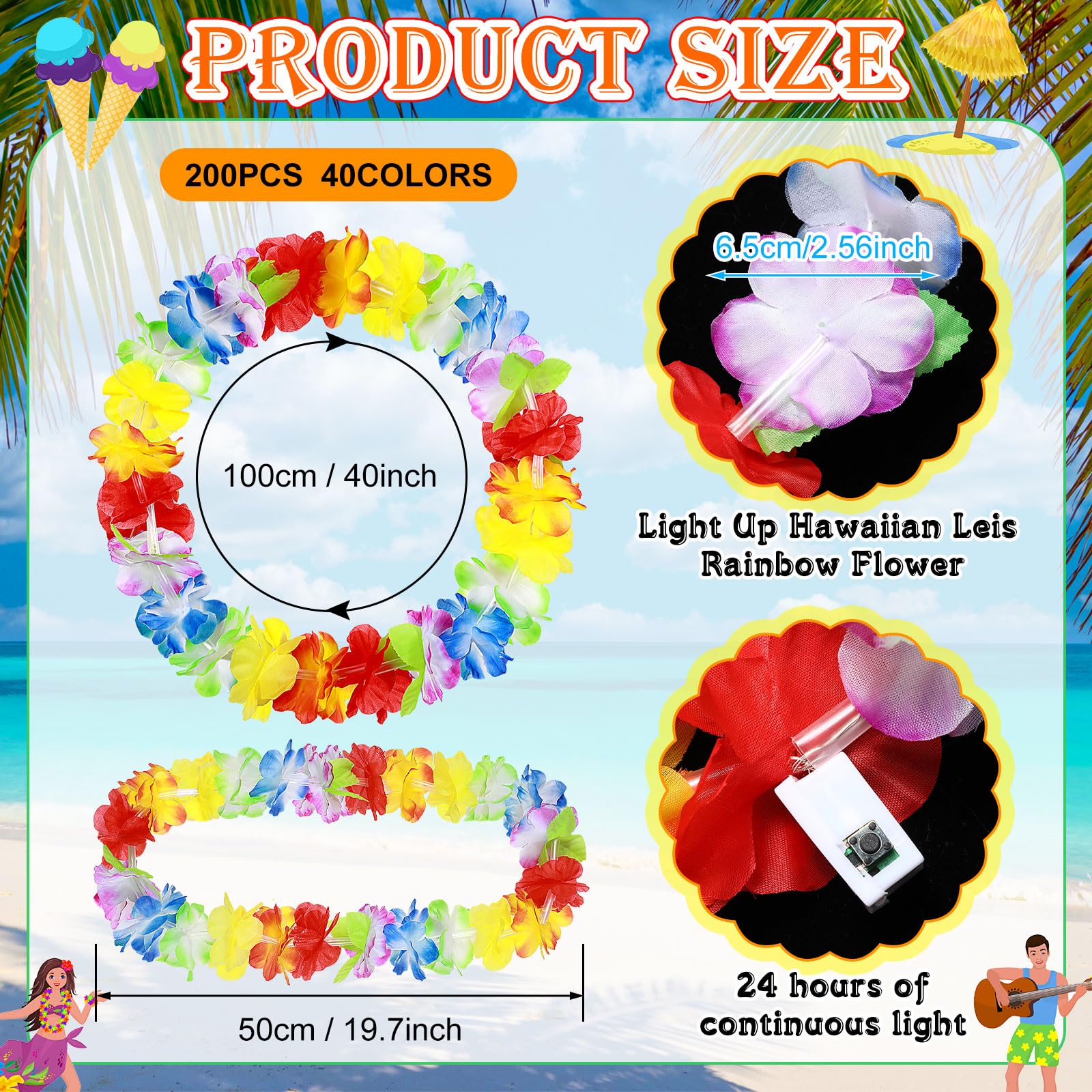 Sherr 200 Stück LED-Hawaii-Leis-Halskette mit LED-Lichtern für Maskerade, Luau, Strand, Hochzeit, tropisches Thema, Karneval, Abschlussfeier, Party