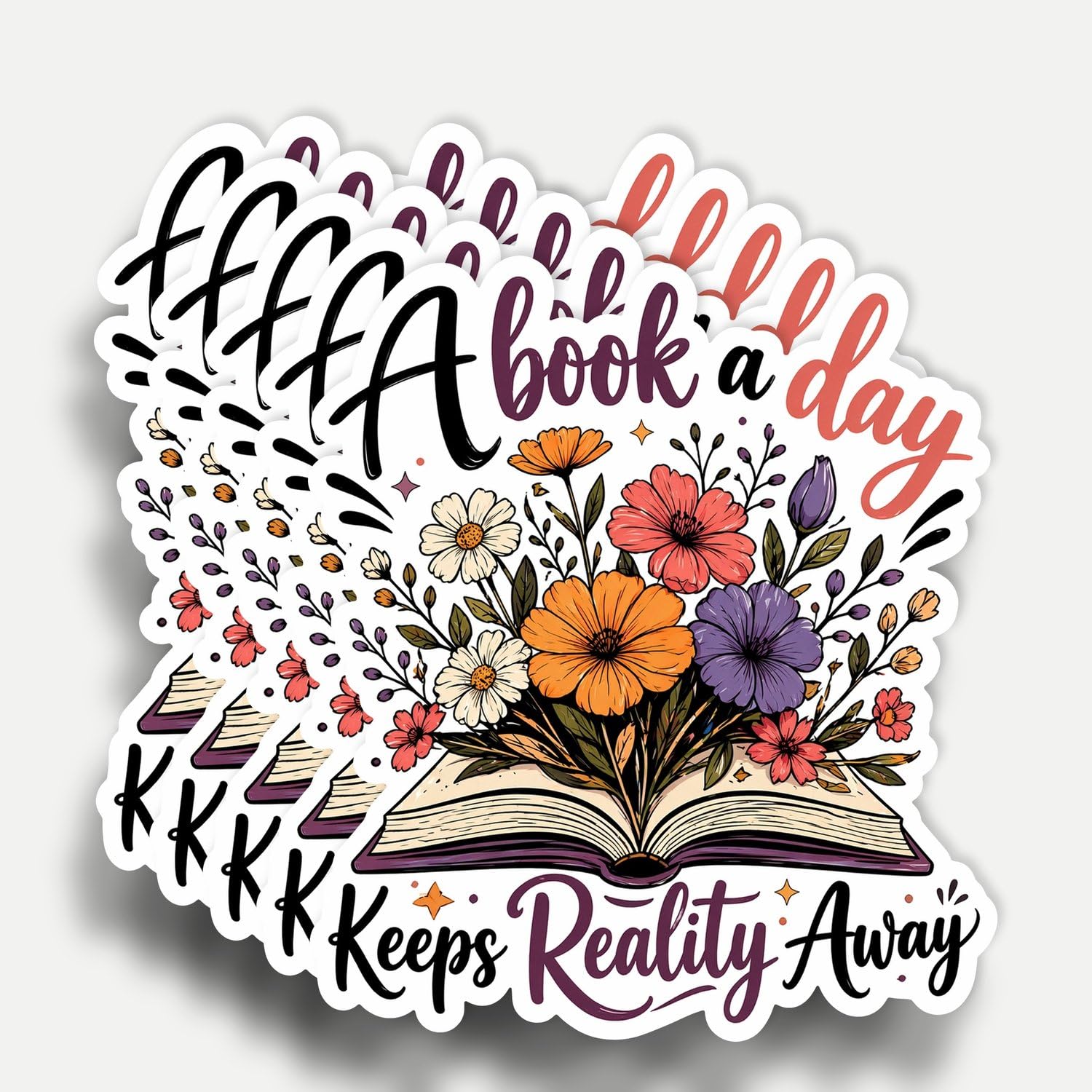 Photo 1 of (5Pcs) A Book A Day Keeps Reality Away Sticker 3 Inch, Reading Bookish Sticker, Flower Reading Stickers, Book Lovers Waterproof Vinyl Decal for Water Bottle Laptop, Car, Phone, Book, Kindle