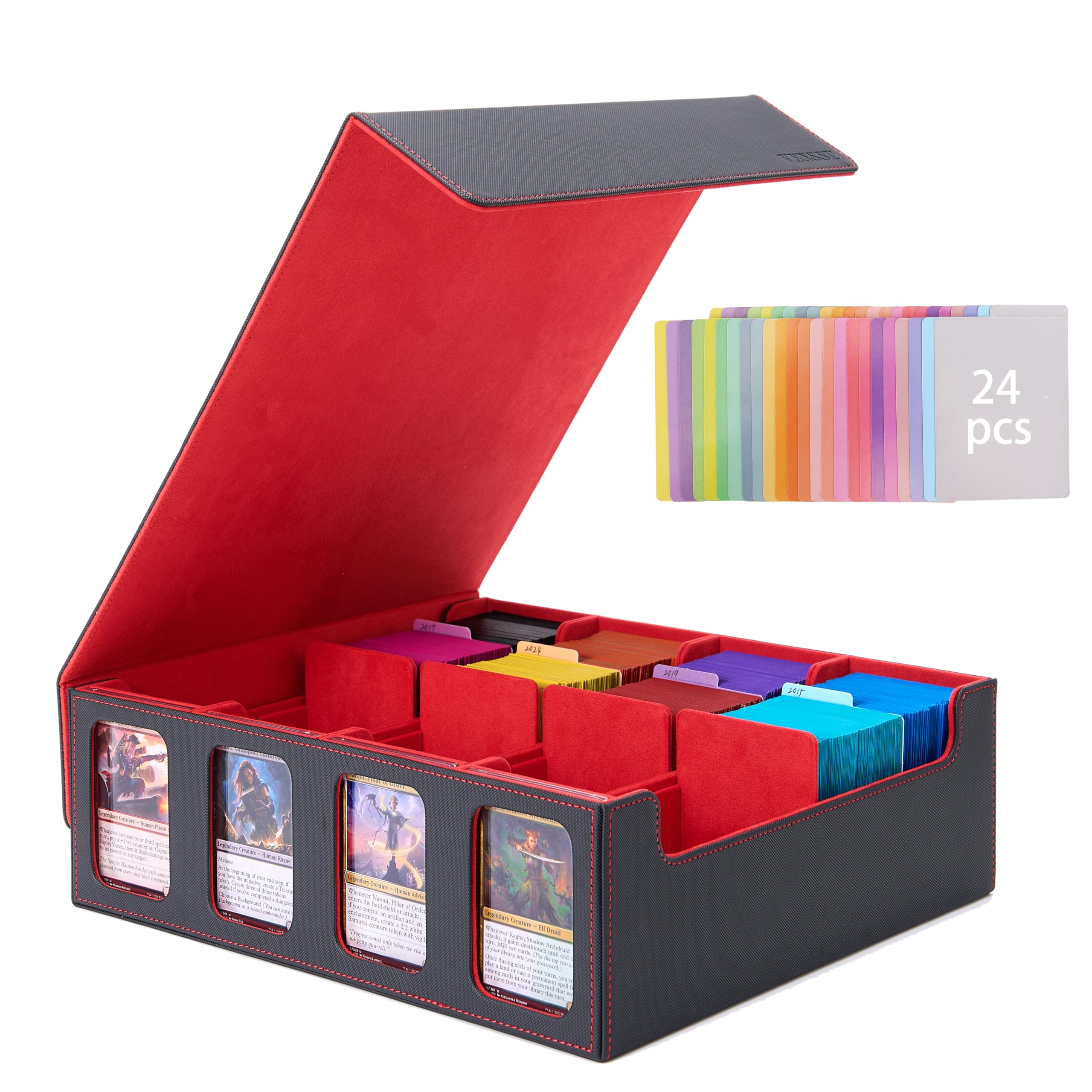 デッキケース トレカケース カードケース ストレージボックス 3000+ 窓付き ディスプレイスロット 仕切り板 カードストッパー付き「 遊戯王 MTG 各種 カードゲーム に使用可能 」 (黒内装赤)