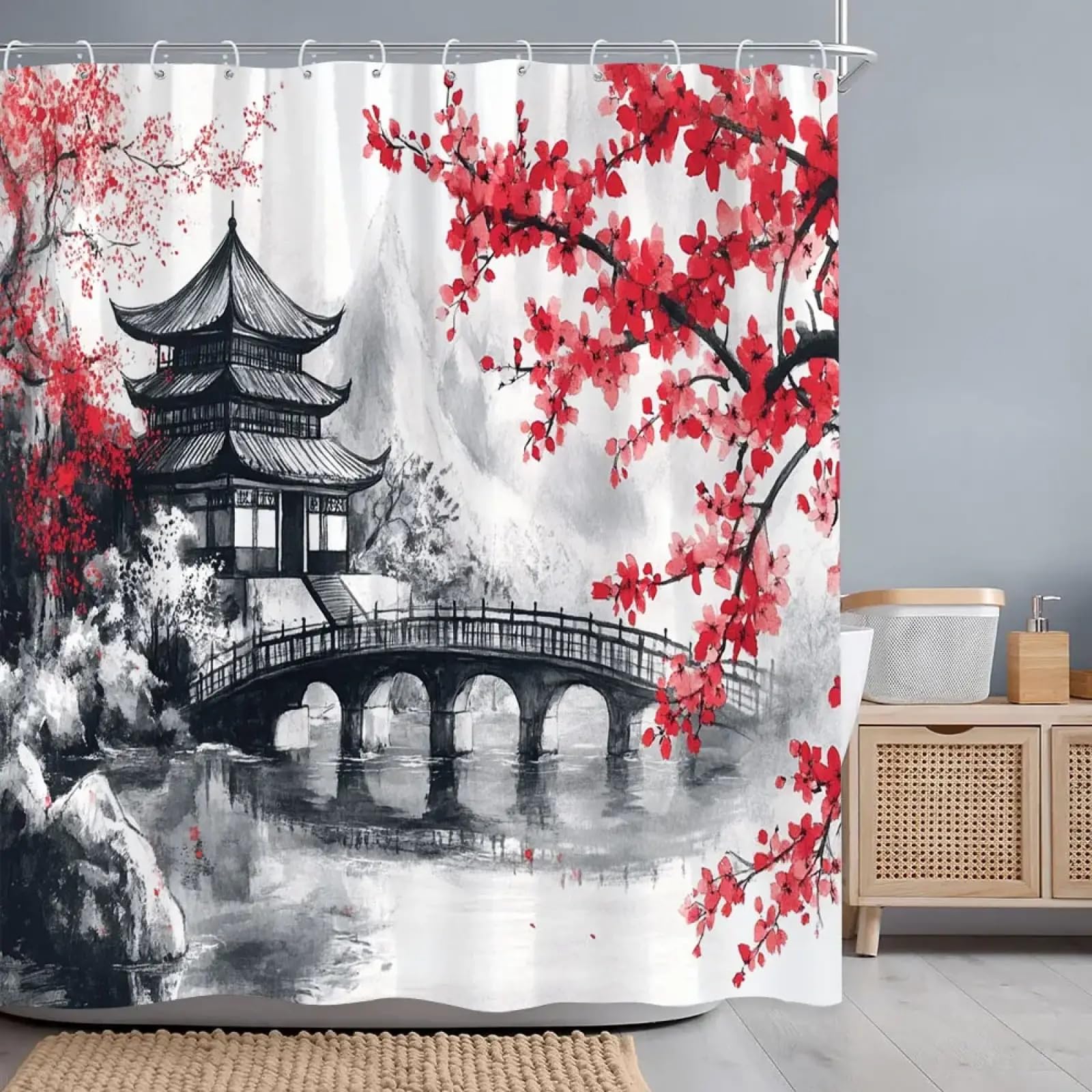 Rideau de douche peinture encre de chine et tissu imperméable