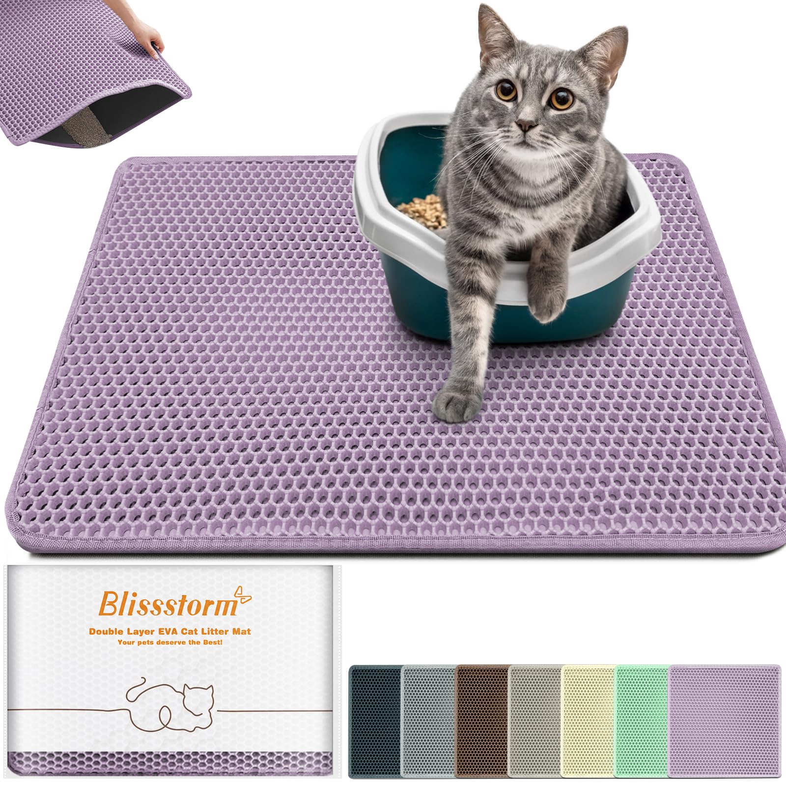 Extra Large Waterproof Cat Litter Mat - New 35x24 Inch Honeycomb Double Layer Traps Litter, Waterproof & Non-Slip Floor Protector, Easy Clean, Odor-Free, Purple