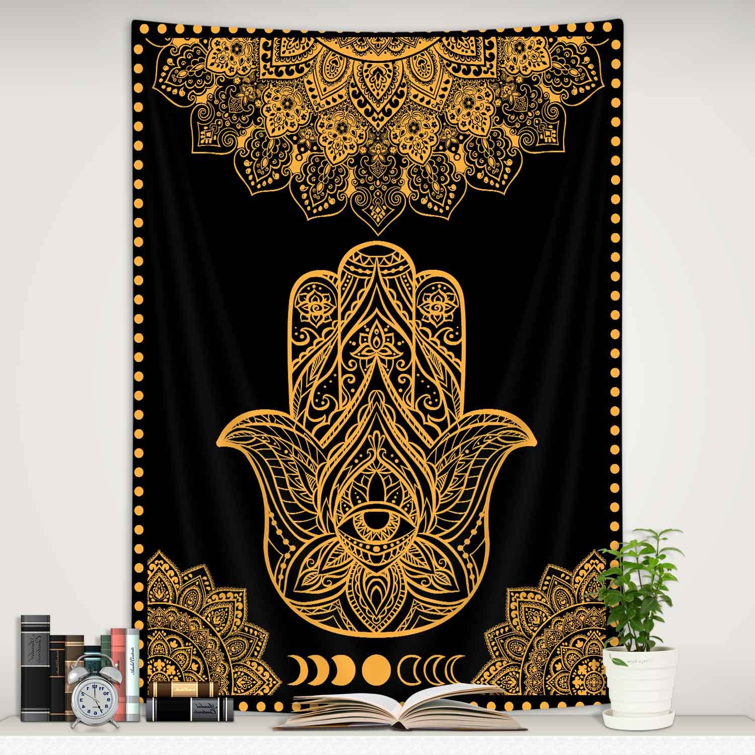Boziqr Spiritual Psychedelic Hamsa Hand Black Gold Mandala Evil Eye Wall Tapestry For Bedroom Aesthetic 40x60 Inches