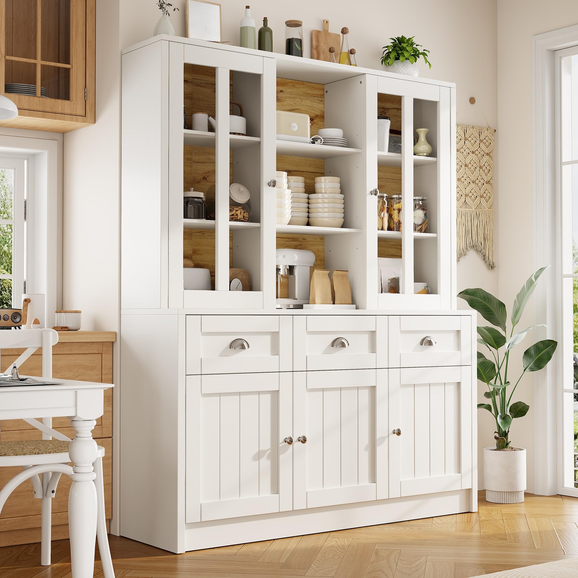 Küchenschrank mit Schubladen und Türen, Buffetschrank Hochschrank mit 9 Ablagefächer und Metallscharnier, Küchenbuffet Küchenschränke Küchenmöbel, Esszimmermöbel, Weiß, 140×38.5×175 cm