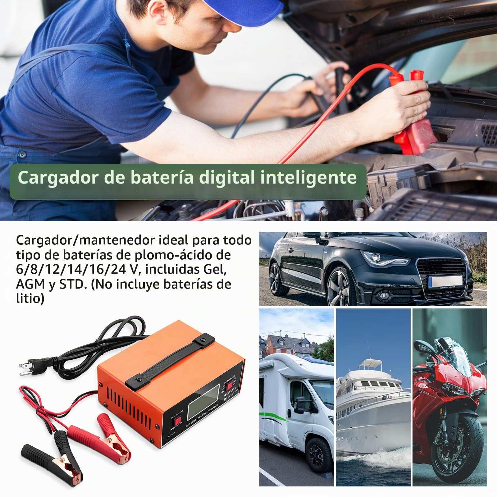 EYPINS Cargador de Batería de Coche, 6V/8V/12V/16V/24V Cargador de Coche Universal Inteligente Totalmente Automático con Pantalla, Cargador Trickle 0-10A para Baterías de Gel, AGM, STD/Ácido Plomo