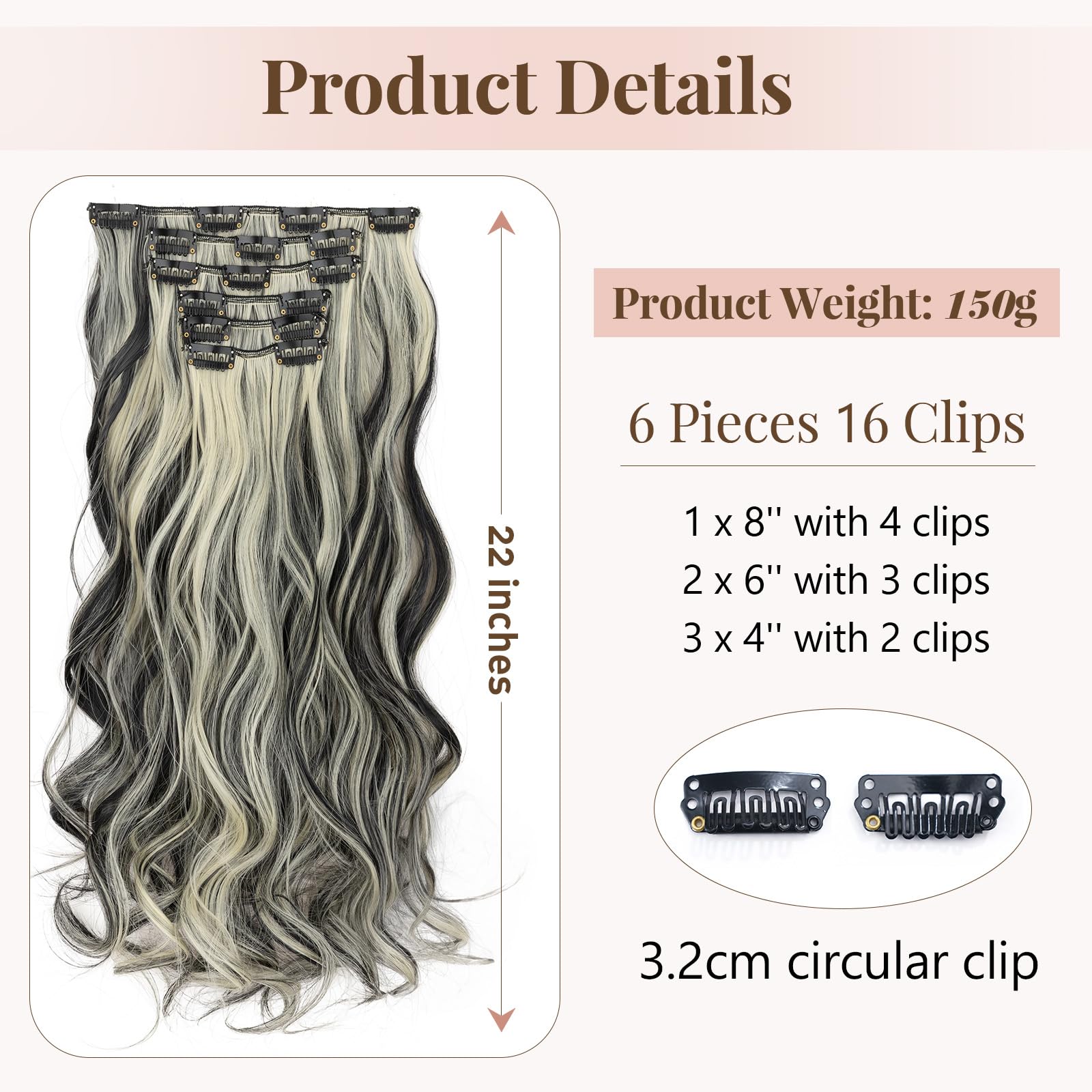 TESS Blonde Curly Hair Extensions Clip in 22 Inch 6PCS 16 Clips Heat Resistant Synthetic Wig Tangle-Free Double Weft Hair Pieces for Women UK 150g #1BH613 Balayage Natural Black & Bleached Blonde - Image 3