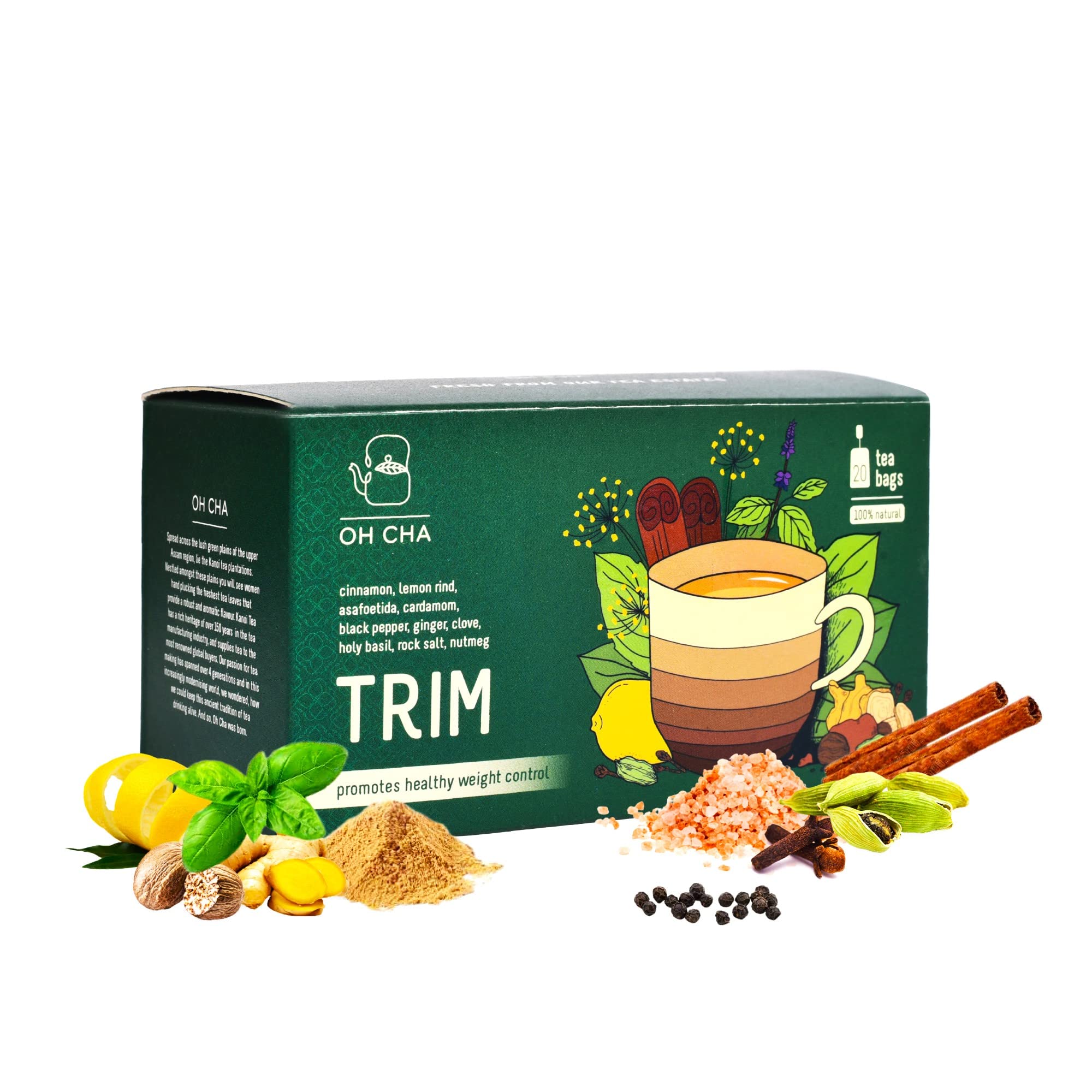 Oh CHA - Trim, Detox Green Tea Bags, 20 pcs | Green Tea for Weight Loss with Cinnamon, Asafoetida, Lemon rind, Clove, Cardamom, Ginger, Rock salt, Basil, Nutmeg, Black pepper | Slimming Tea, Ideal for Weight Management (B0819KFD5Q) Amazon Price History, Amazon Price Tracker