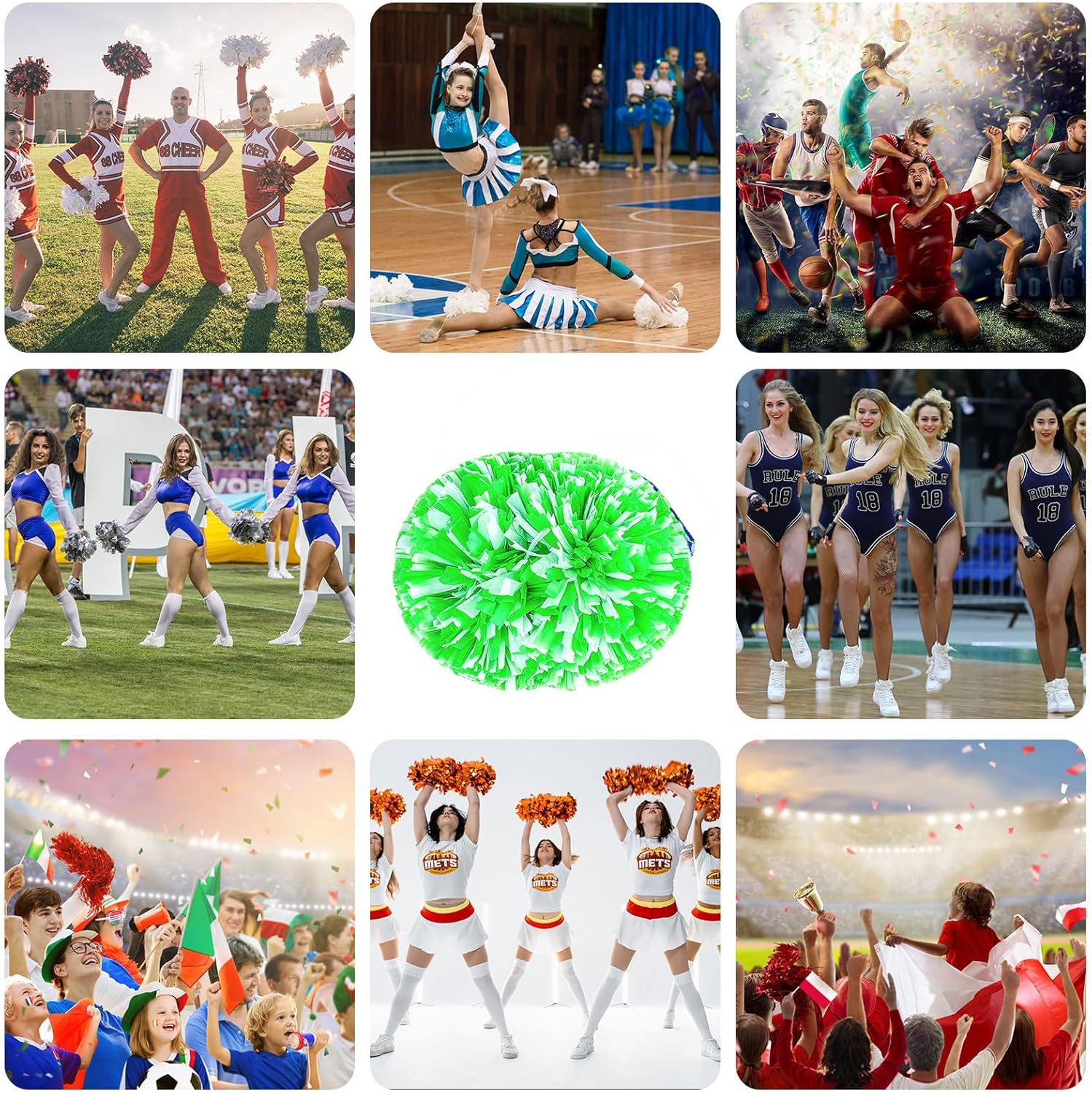 メタリックチアリーディングポンポン、指に優しいリング付きチアリーダーポンポン24個、チームスピリットスポーツダンス応援キッズ大人用(