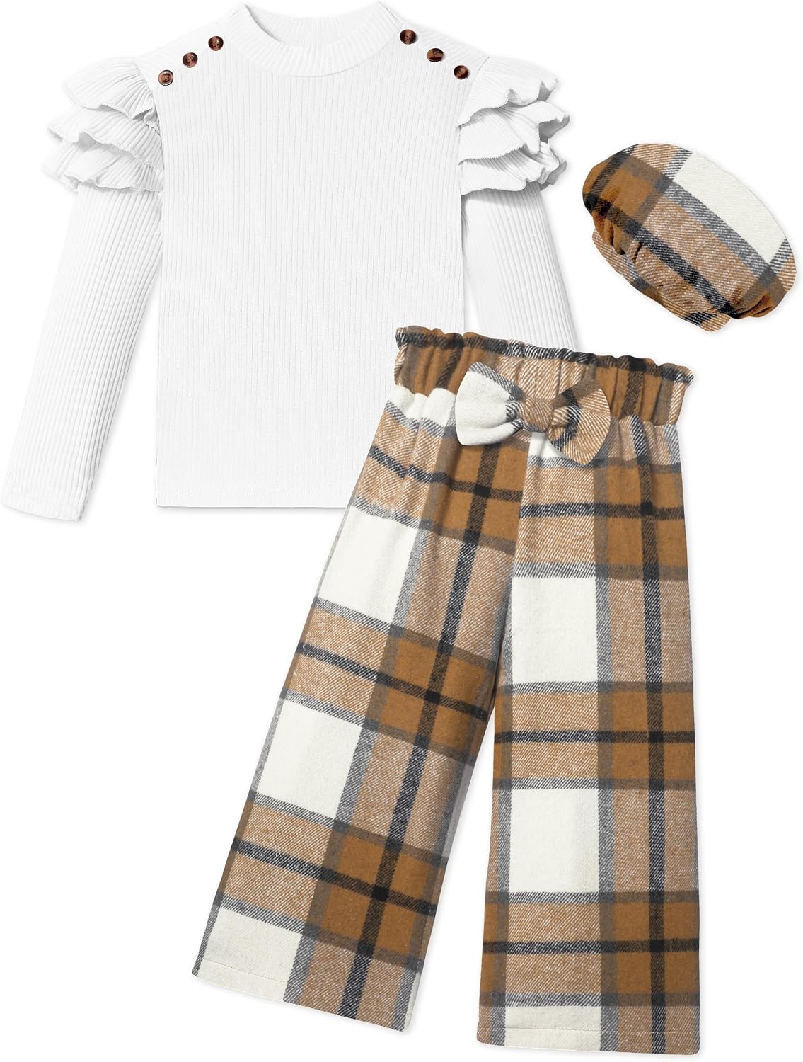 MIGU Girls Clothes Fashion Long-Sleeved Tops Plaid Trousers Loose Straight Leg Pants Plaid Hat Girls Outfits Fall 3pcs