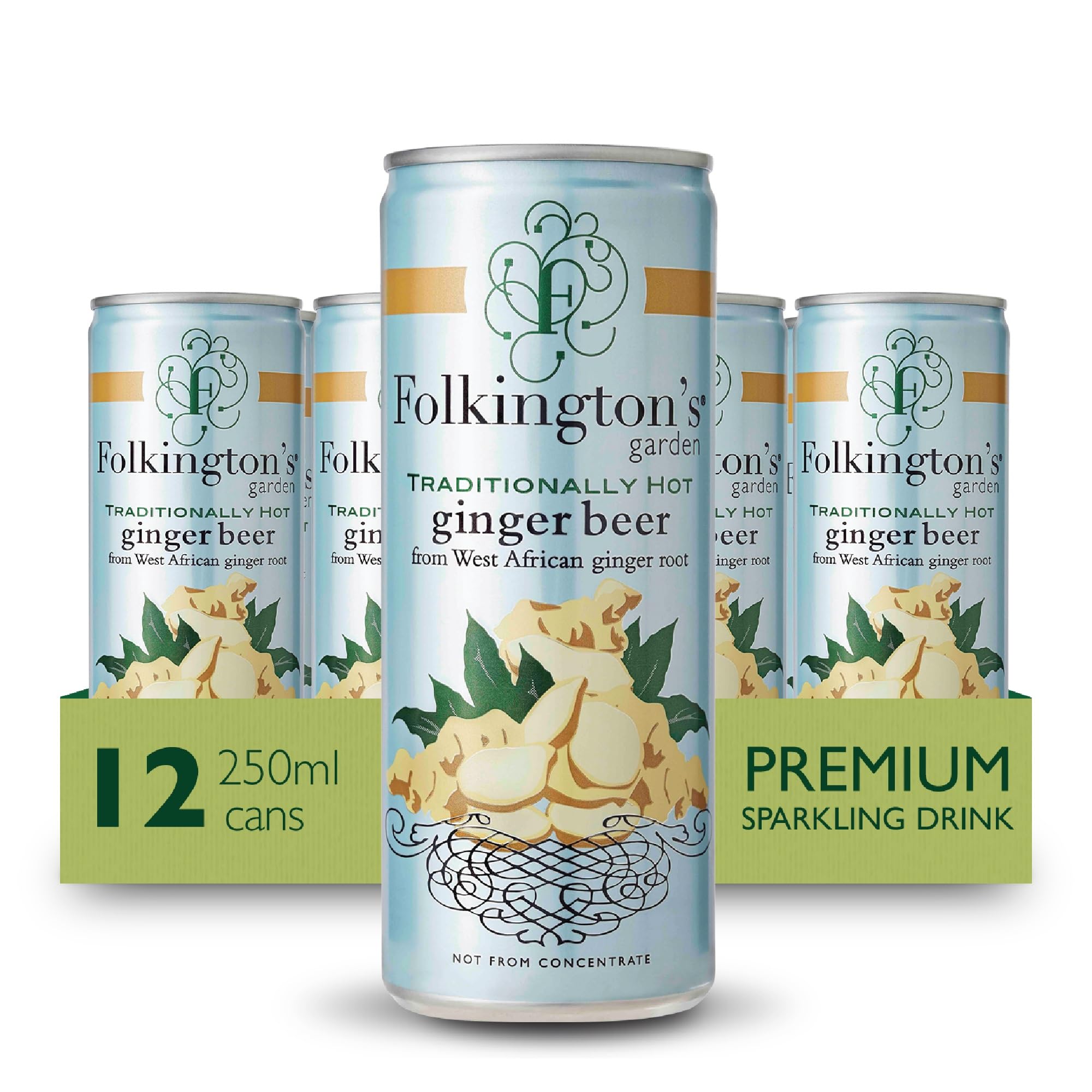 Folkington's Ginger Beer, 12 Cans, Sparkling Soft Drink, Traditionally Hot, Great Gin Mixer, 12 x 250 ml