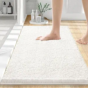 Smiry Luxury Chenille Bathroom Rugs 30x20, Extra Soft and Absorbent Shaggy Bath Mat, Machine Washable, Non-Slip Plush Carpet Runner for Tub, Shower, and Floor, Home Decor Accessories, Ivory