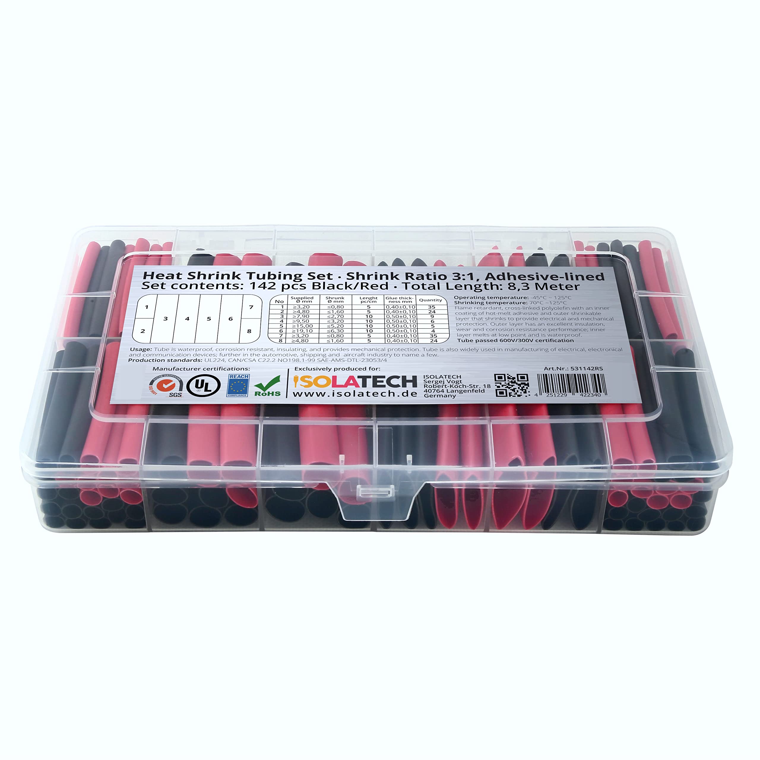 Set di 142 pezzi di tubo termorestringente 3:1 nero e rosso con colla interna. Lunghezza totale di 8,3 m in una scatola pratica. Da ISOLATECH