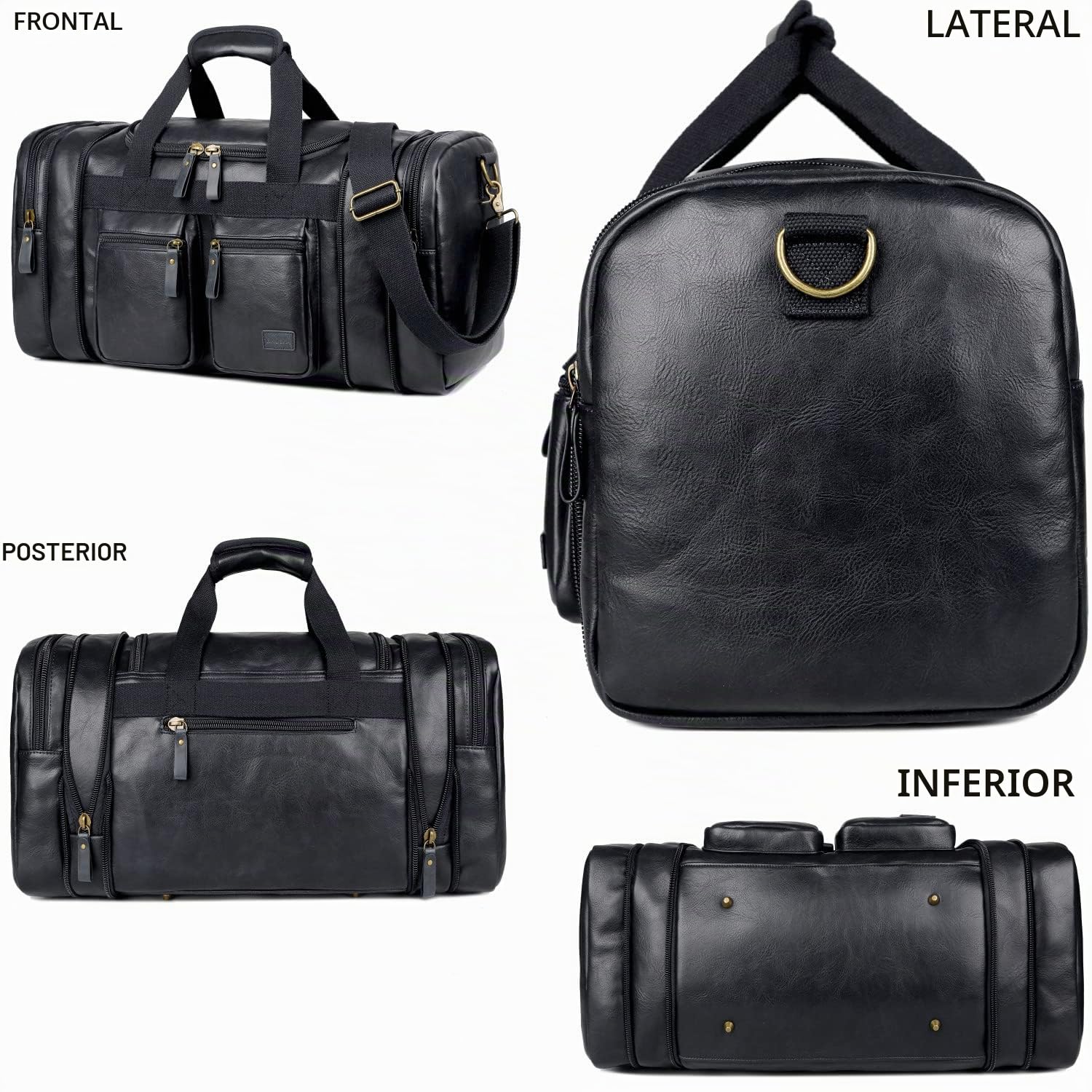 HB-21 - Bolsa de Viaje de Piel Vegana para Fin de Semana, Bolsa Deportiva para Hombre y Mujer, Black, Bolsa de Viaje de Piel