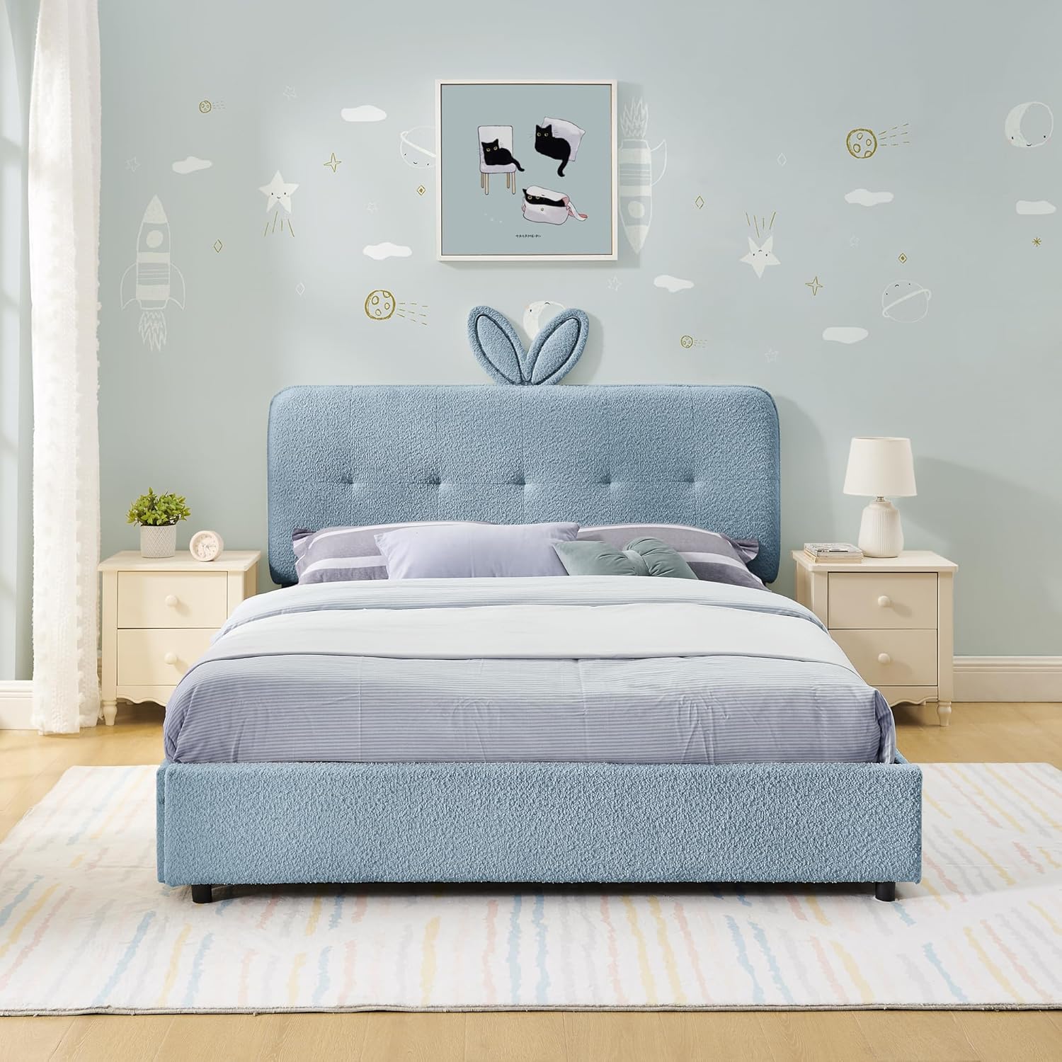 Full Size Platform Bed Frame, Upholstered Bed Frame with Rabbit Ear Headboard, Boucle Montessori Beds with LED Lights & Bluetooth Music, for Bedroom, Apartment, Easy Assembly, Light Blue