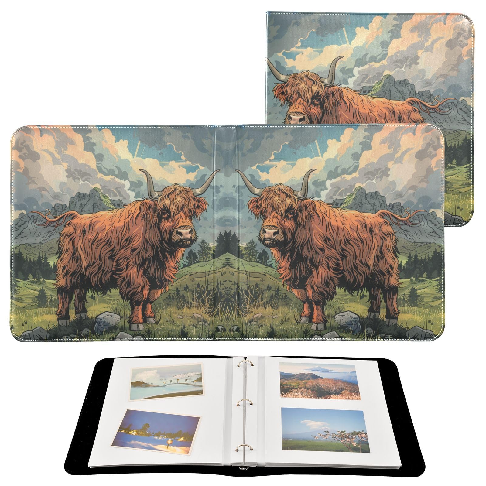 JIPONI Beautiful Highland Cow Large Photo Album, DIY Leather Cover Scrapbook Albums for 4x6 5x7 6x8 Pictures, Self Adhesive Memory Book for Wedding, Baby, Family