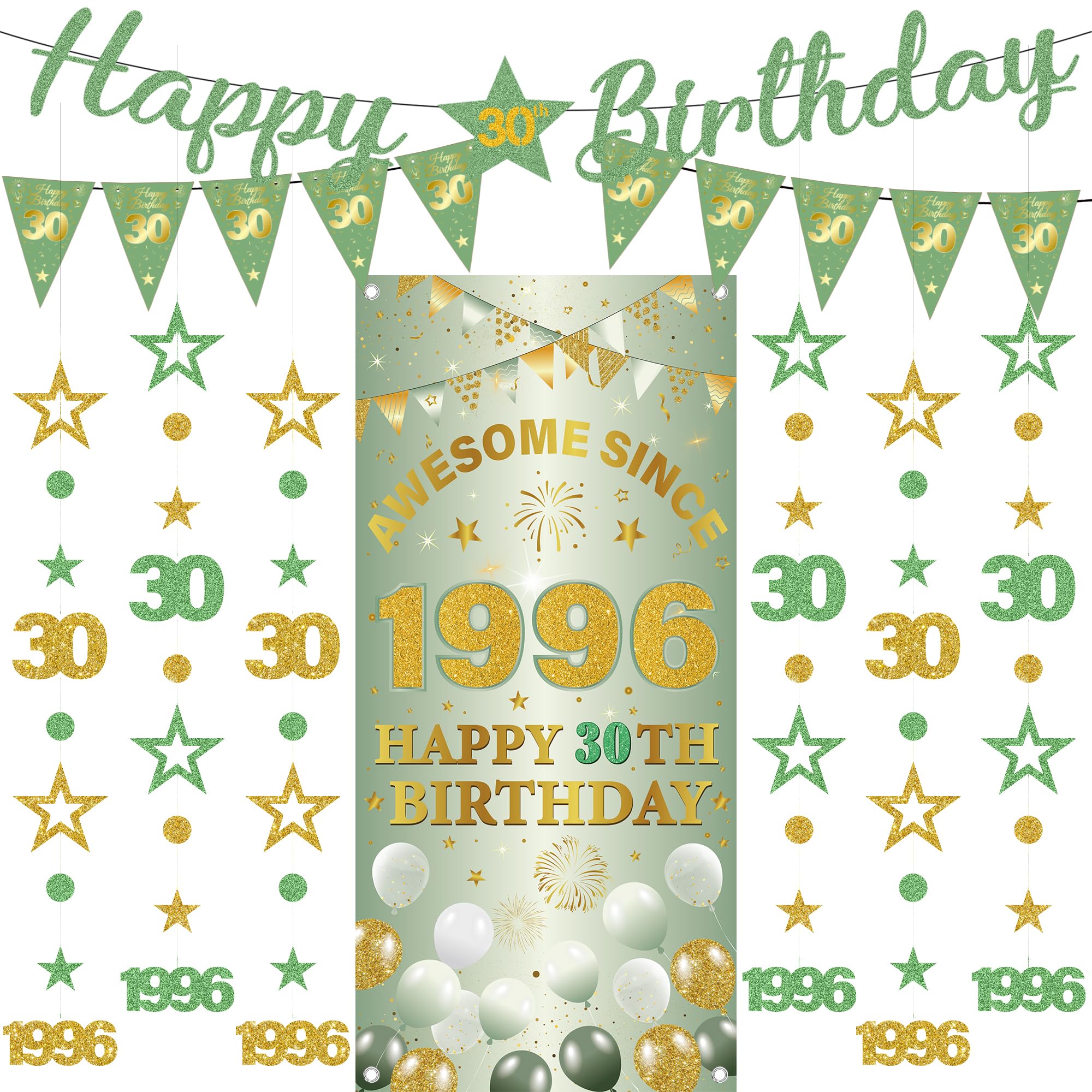 30th Birthday Decorations Women Banners - 9 Pcs Green Gold Happy Birthday Banner Awesome Since 1996 Curtain Twinkle Star Dot Hanging Streamer Pennant for Her 30 Years Old Party Decor Supplies