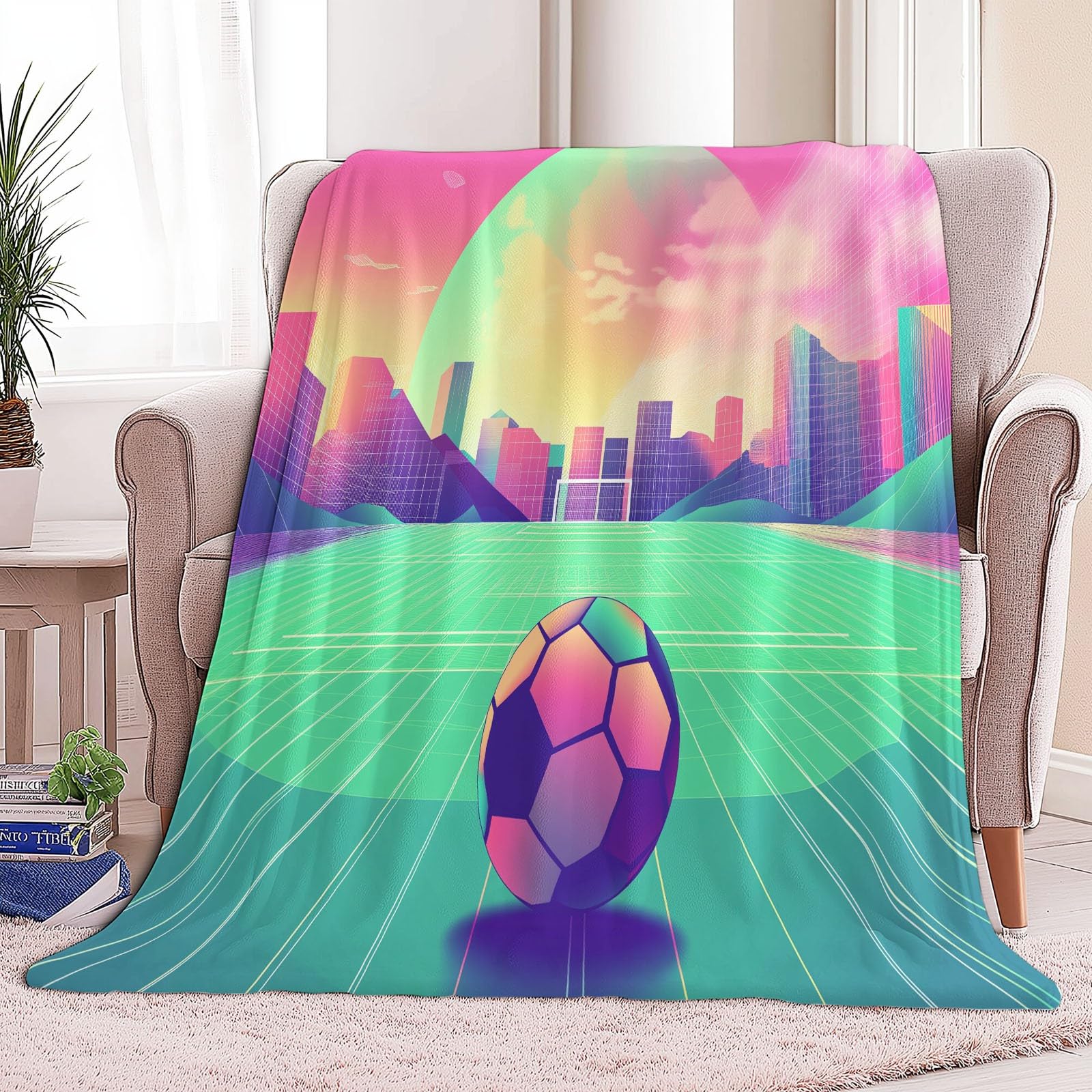 Colori Al Neon Coperta Plaid in Pile di Flanella Calcio Futuristico, Microfibra Morbido Durevole e Caldo Peluche, Singolo Matrimoniale Coperte Copriletti 180x220 cm per Letto Divano Soggiorno