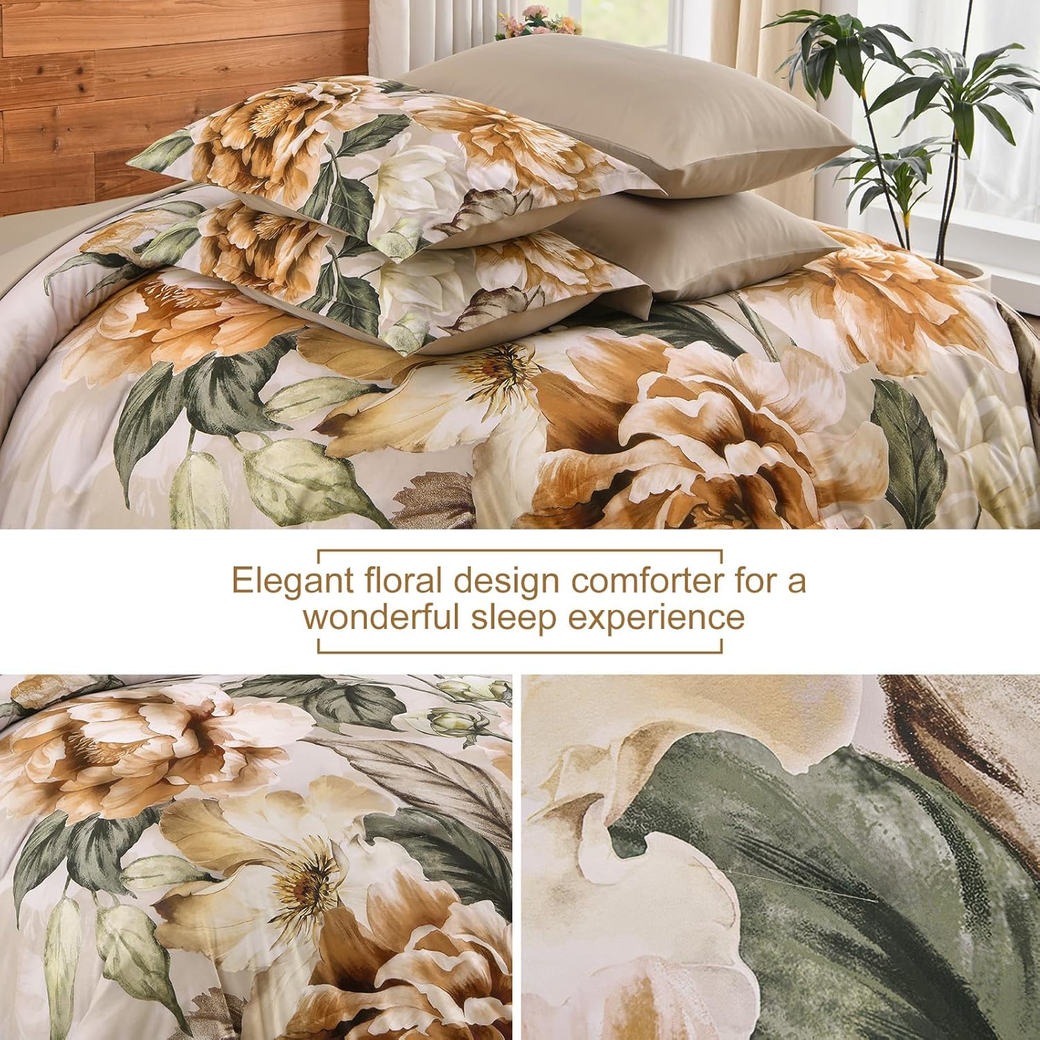 Yiran Floral Comforter Set Queen Size 7 Pieces Bed in a Bag, Khaki Flower Bed Set, Soft Lightweight Comforter with Sheet Set 90"x90"