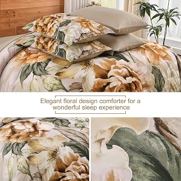 Yiran Floral Comforter Set Queen Size 7 Pieces Bed in a Bag, Khaki Flower Bed Set, Soft Lightweight Comforter with Sheet Set 90x90