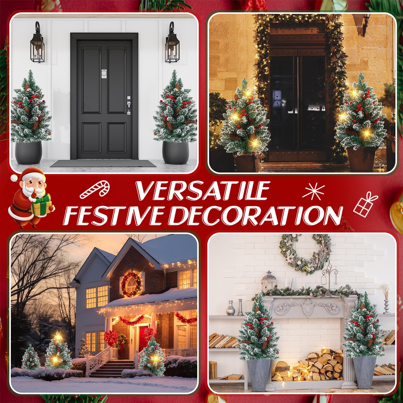Lunmon Lot de 2 urnes de sapin de Noël artificielles pré-éclairées de 61 cm avec lumières LED sur piquet décoré de pommes de pin floquées de baies rouges pour Noël, cour, porche, terrasse, allée