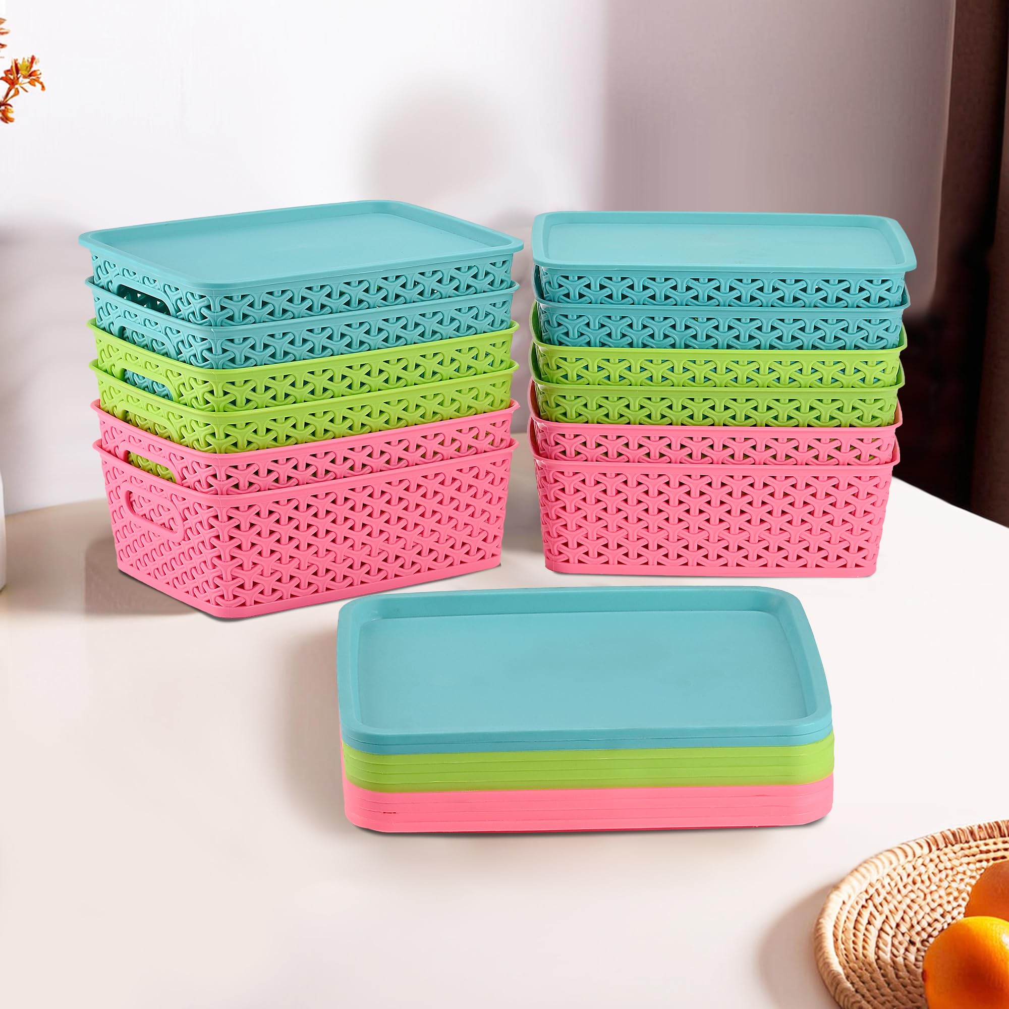 Kuber Industries 12 Pcs Stackable Plastic Storage Box with Lid | H3 Multi-Purpose Basket for Storage - Ideal Home Organizers for Baby Dress, Stationary, Medicine & Pooja Items | Multicolor