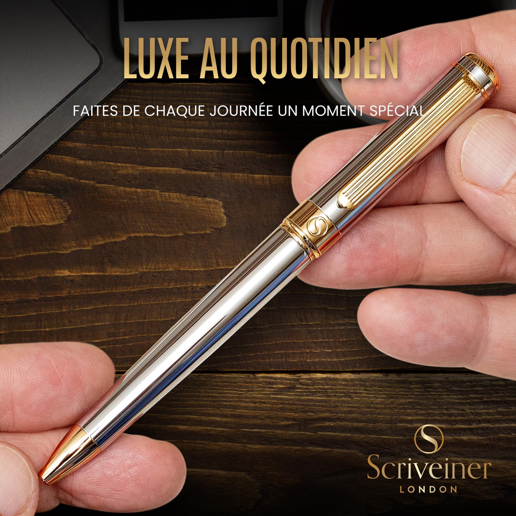Scriveiner Stylo Bille Coffret Stylo à Bille Argent avec Finition Plaqué or véritable, Rechargeable et Rétractable, Beau Cadeau pour Homme & Femme avec Boîte, Accessoire de Bureau Professionnel