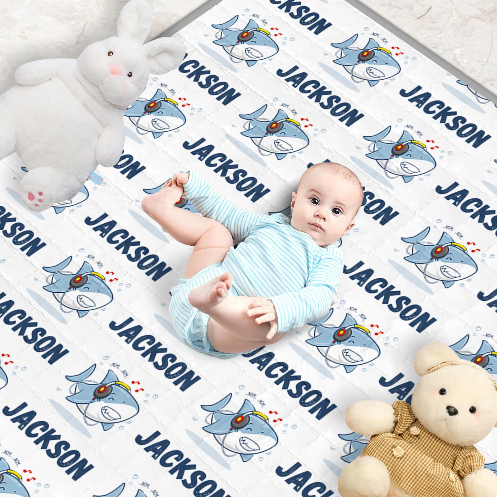 GRESATEK Personalized Baby Crib Bedding Set- Cotton 3 Piece Including Floor Mat, Double Layer Blanket, Pillow Cover- Nursery Crib Comforter Set- Birthday Gift for Toddler Baby Girl Boy White Shark