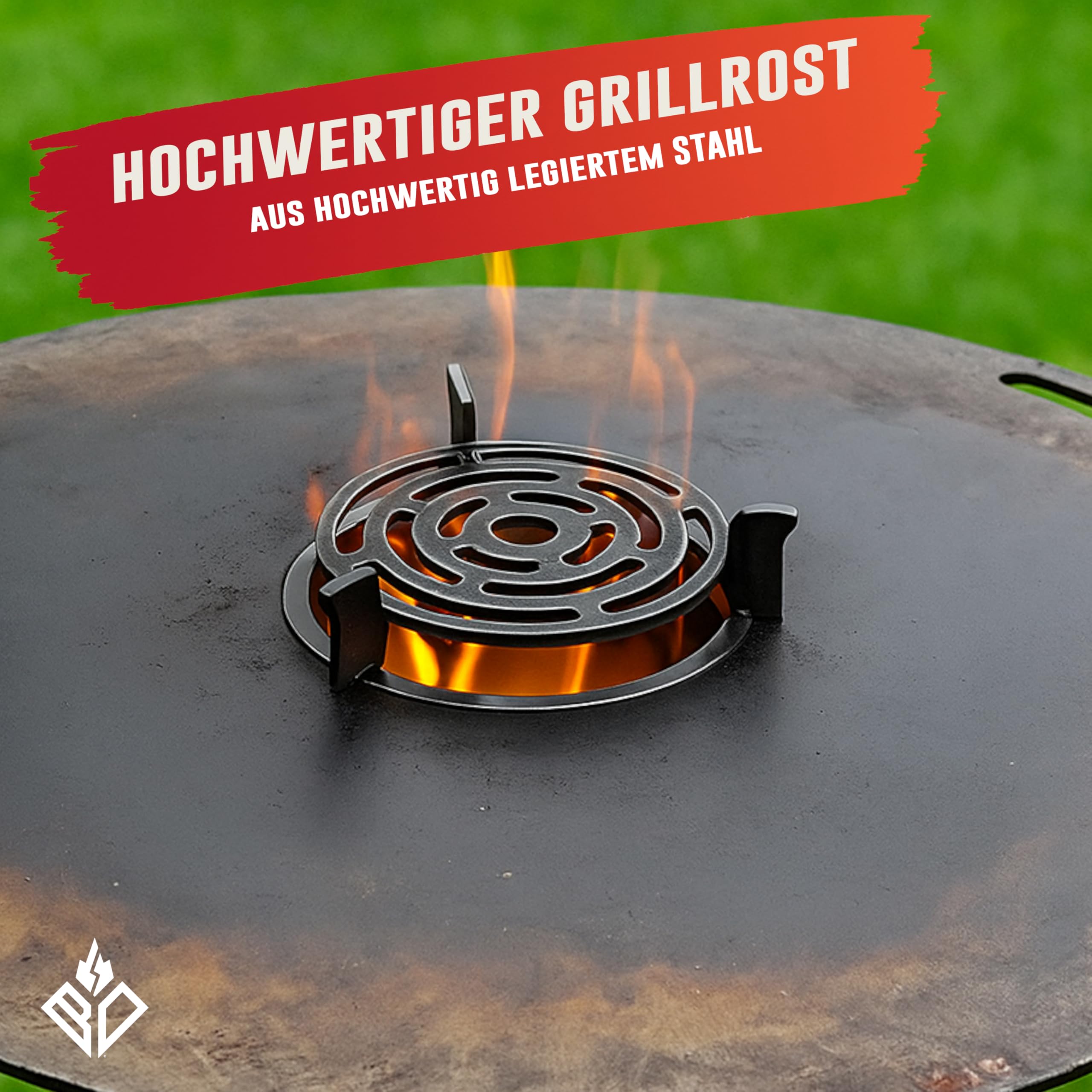 Wok- & Pfannenhalter (Aufsatz) für Feuerplatte ⌀ 20cm (MADE IN EUROPE) - Grillaufsatz & Grillrost für Feuertonne & Kugelgrill (rund) legierter Stahl mit abnehmbaren Rost (Zubehör)