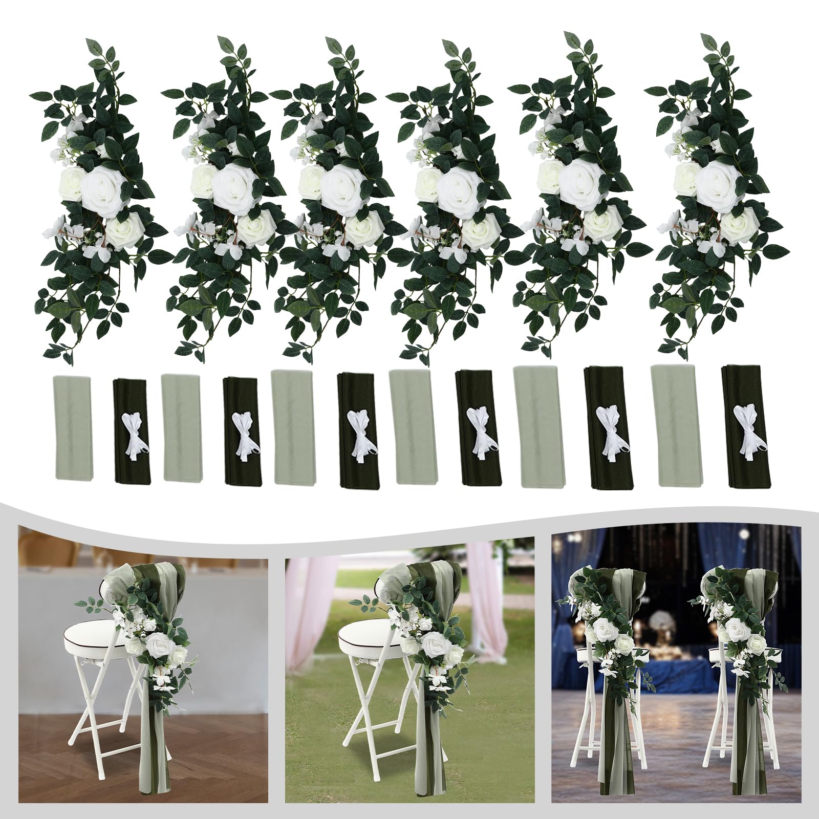 LOYALHEARTDY Wedding Aisle Decorations for Wedding Ceremony Set of 6 Pew Flowers for Church Chair Decorations Party Decor with Artificial Flowers and Ribbons, Green