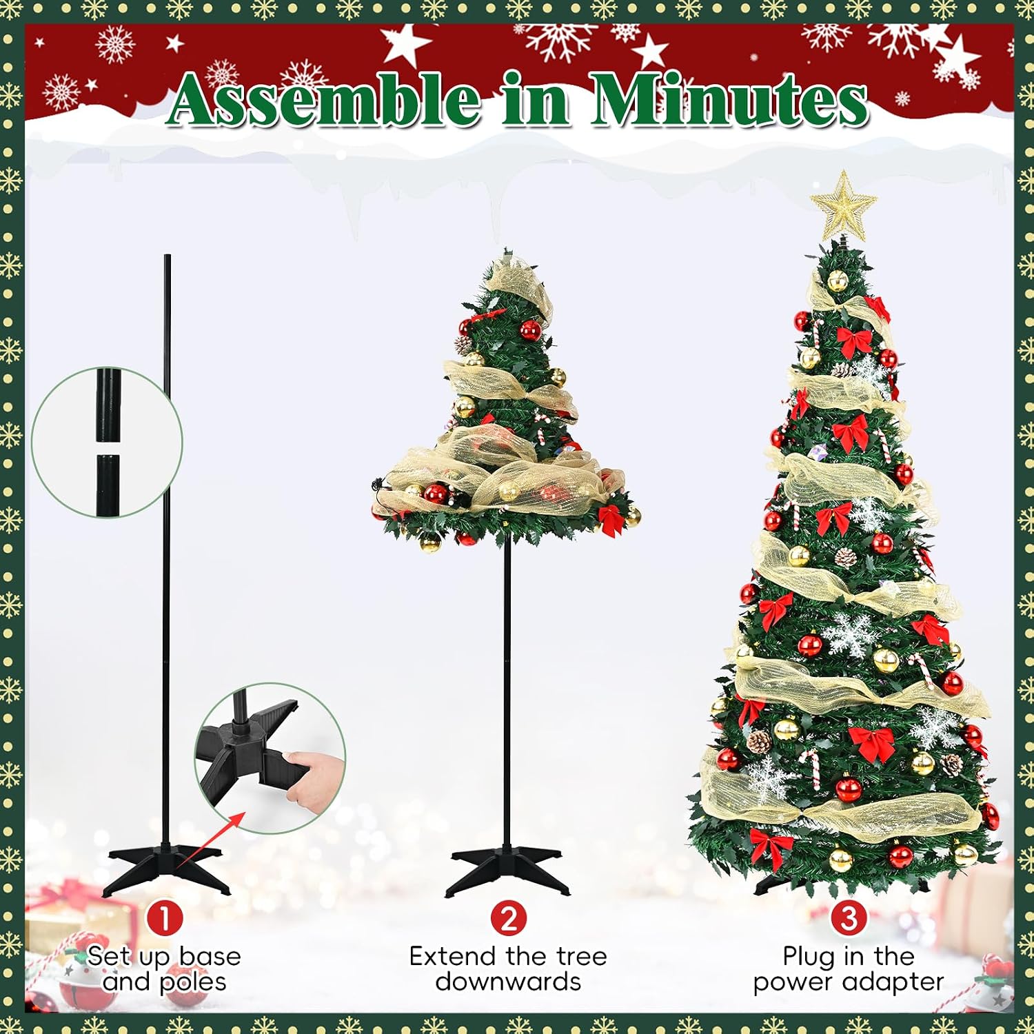 6FT Pre Lit Pop Up Christmas Tree,Pre-Decorated Artificial Tree with Remote Control,150 LED Warm Lights,Gold Surround Ribbon,Easy Assemble Collapsible Xmas Trees for Holiday Party Decoration