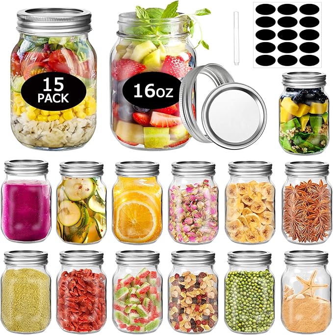 SLifeJars Mason Jars 15 Pcs 16 oz Regular Mouth Clear Glass Mason Canning Jars with Airtight Leak-Proof Lids and Bands Clear Spice Jars for Jam Honey Wedding Shower Favors Canning Preserving Meal