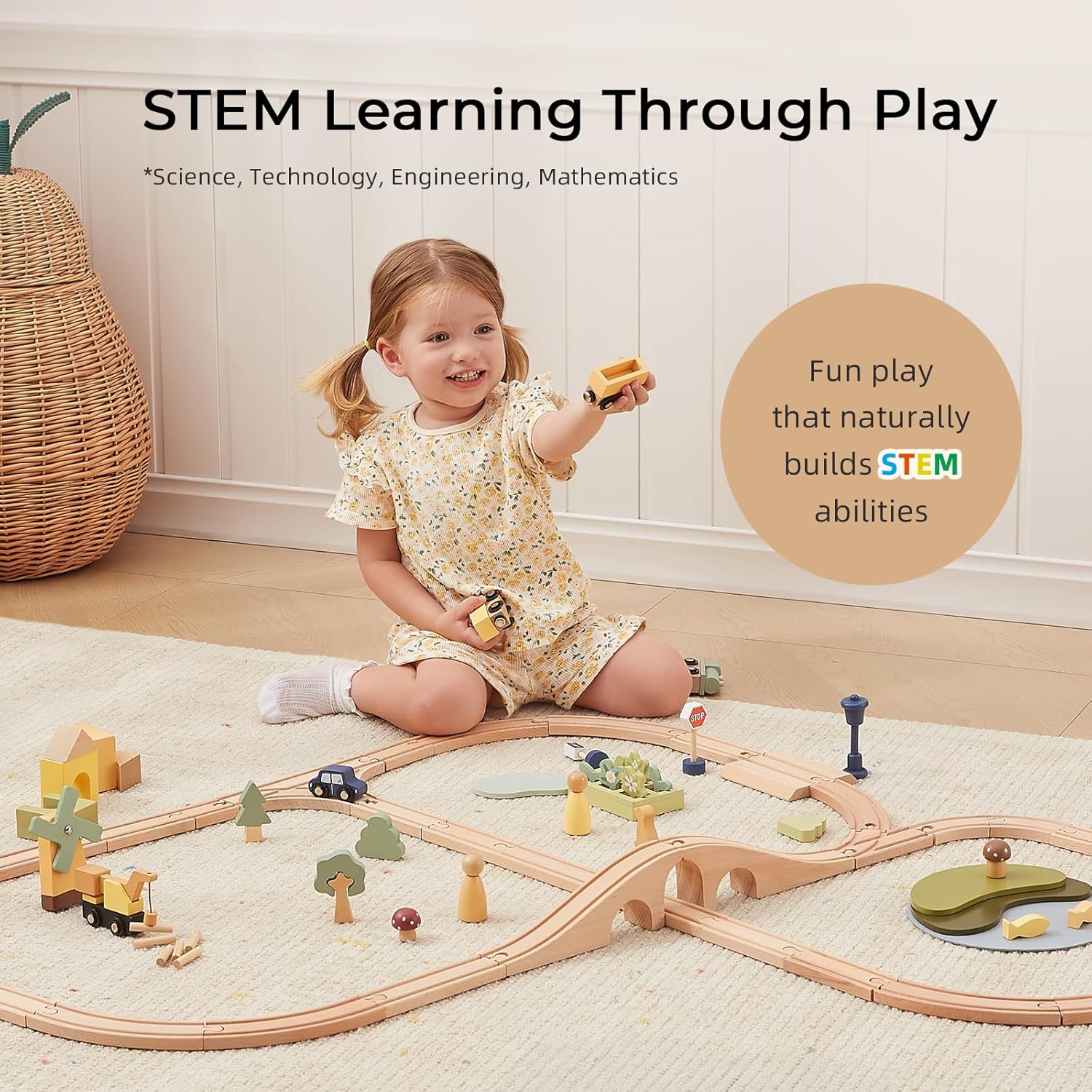 OOOK Multi-Scenario Wooden Train Set,All Wood Accessories Train Set for Toddlers 3 Years Old, Multi-Scenario Train Toy for 3 4 5 Years Old Girls & Boys - Image 3