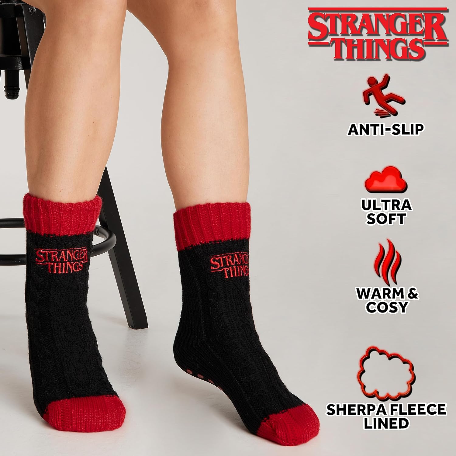Stranger Things Slipper Socks for Women & Teens US Size 4-9, Soft Cozy Non Slip Winter Socks, Gifts for Women