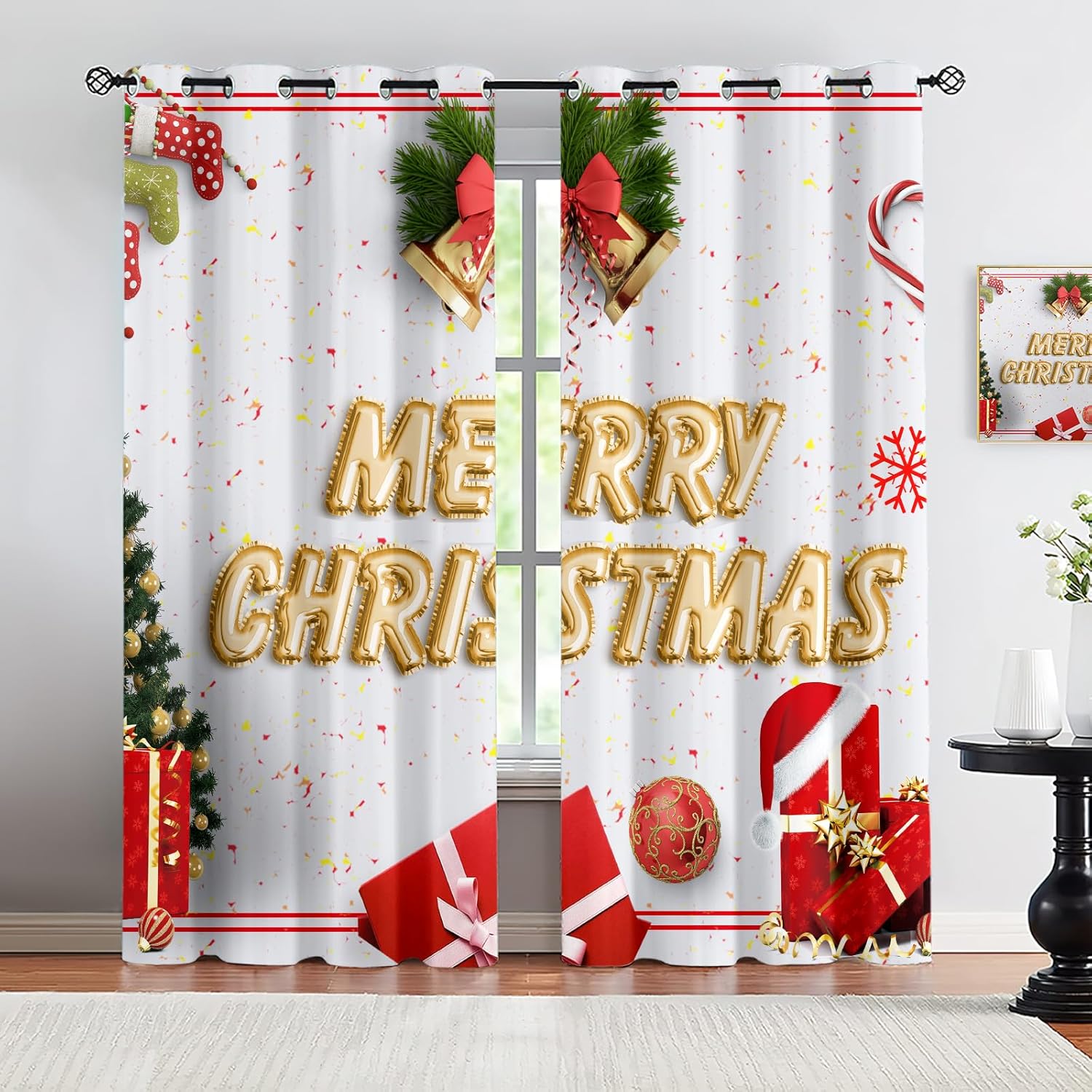 Merry Christmas Black Out Curtains, Modern Luxury Curtains 63 inch Length 2 Panel, Christmas Tree Curtains for Bedroom, Grey White Thermal Curtains for Kitchen Windows Drapes