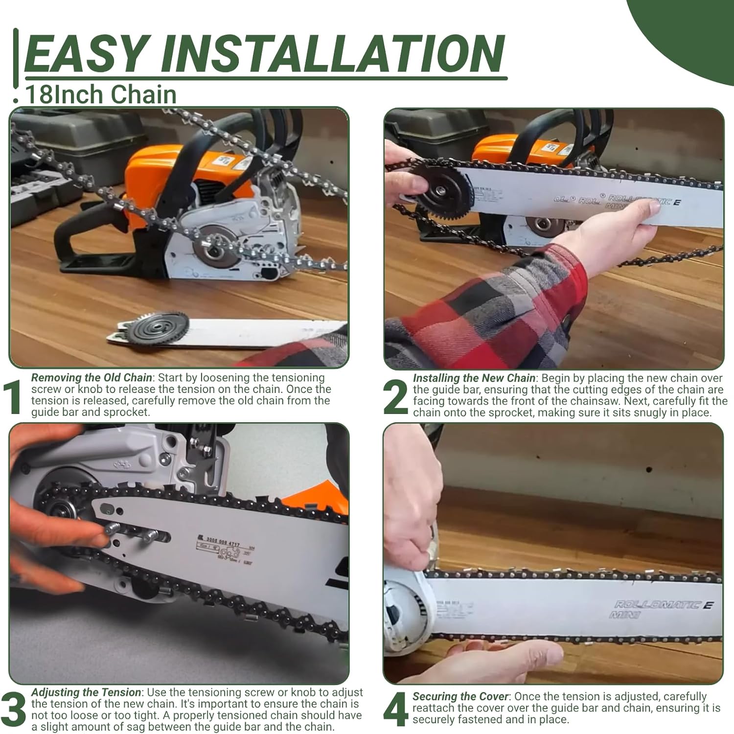 4Pack 18 Inch Chainsaw Chain,3/8" LP Pitch, .050" Gauge 62 Drive Links for Dewalt DCCS672X1, ECHO CS300, Poulan PR4218, Ego CS1800 Homelite, Oregon, Ryobi, Kobalt, McCulloch and more Chainsaw