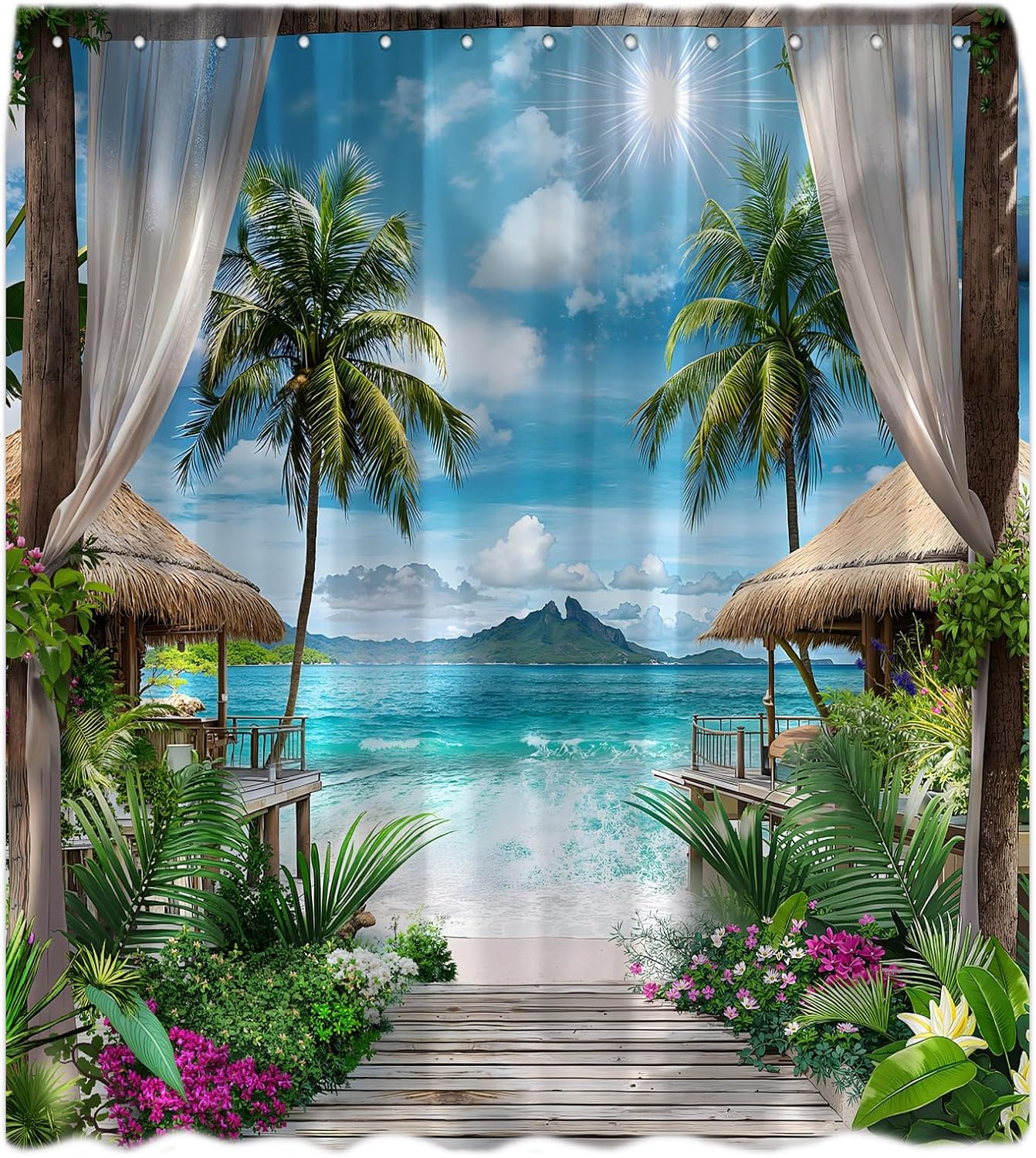 Ocean Beach Shower Curtain Tropical Summer Palm Tree Leaves Blue Sky Sea Wave Hawaii Vacation Seaside Island Landscape Natural Scenery Wooden Windows Fabric Bath Curtain with Hook