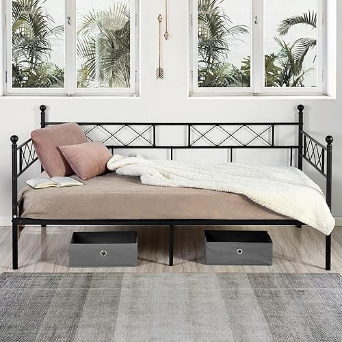 Twin Size Daybed Frame, Day Bed Black Metal Daybed Frame with Headboard, Mattress Platform Base Box Spring Replacement Sofa Bed for Living Room