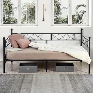 Twin Size Daybed Frame, Day Bed Black Metal Daybed Frame with Headboard, Mattress Platform Base Box Spring Replacement Sofa Bed for Living Room Guest Room/Style X/Black