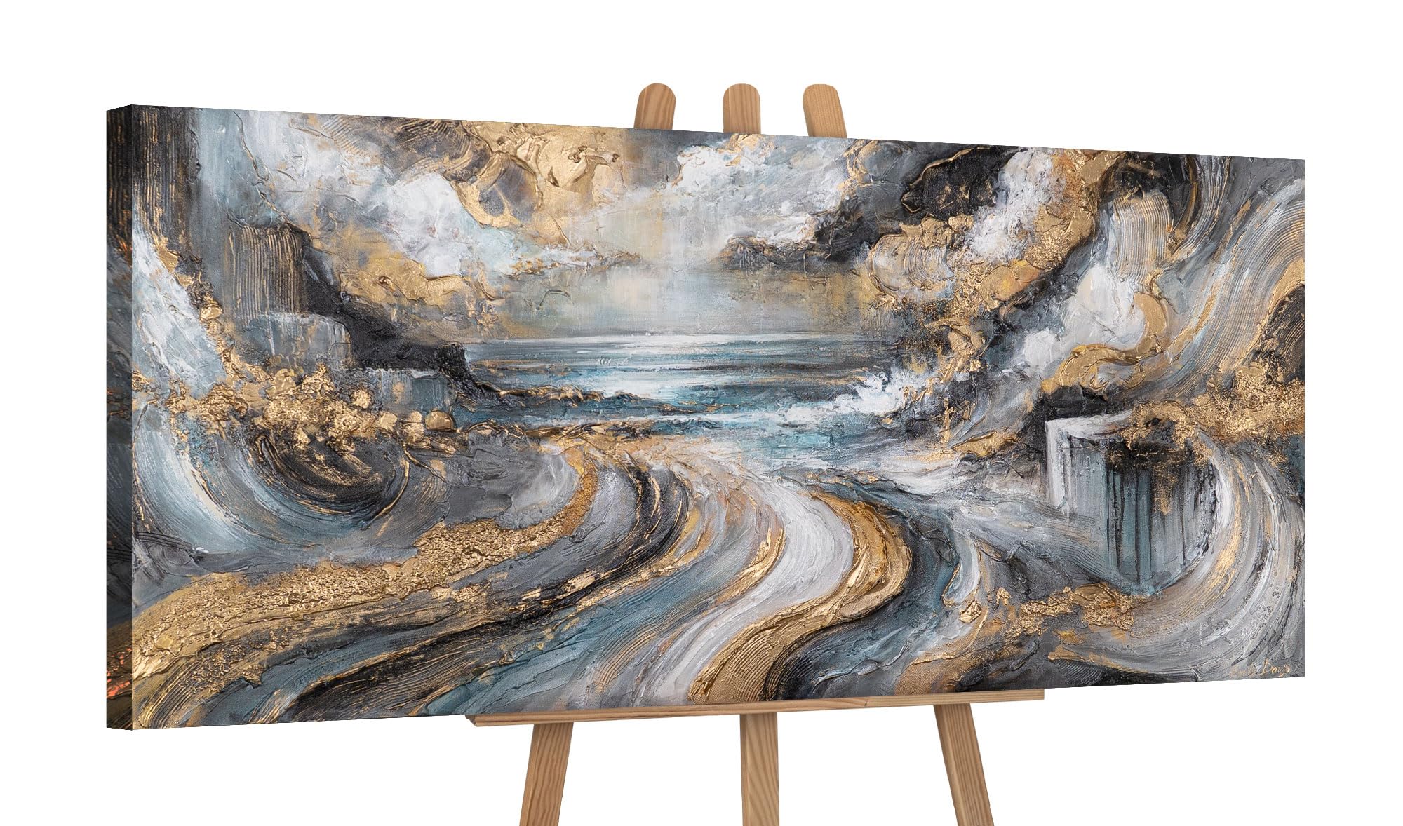 YS-Art Original Handmade Abstract Seascape Painting Wall Art Modern Gold Grey Blue Ocean Waves Decor Living Room 45x20 inch