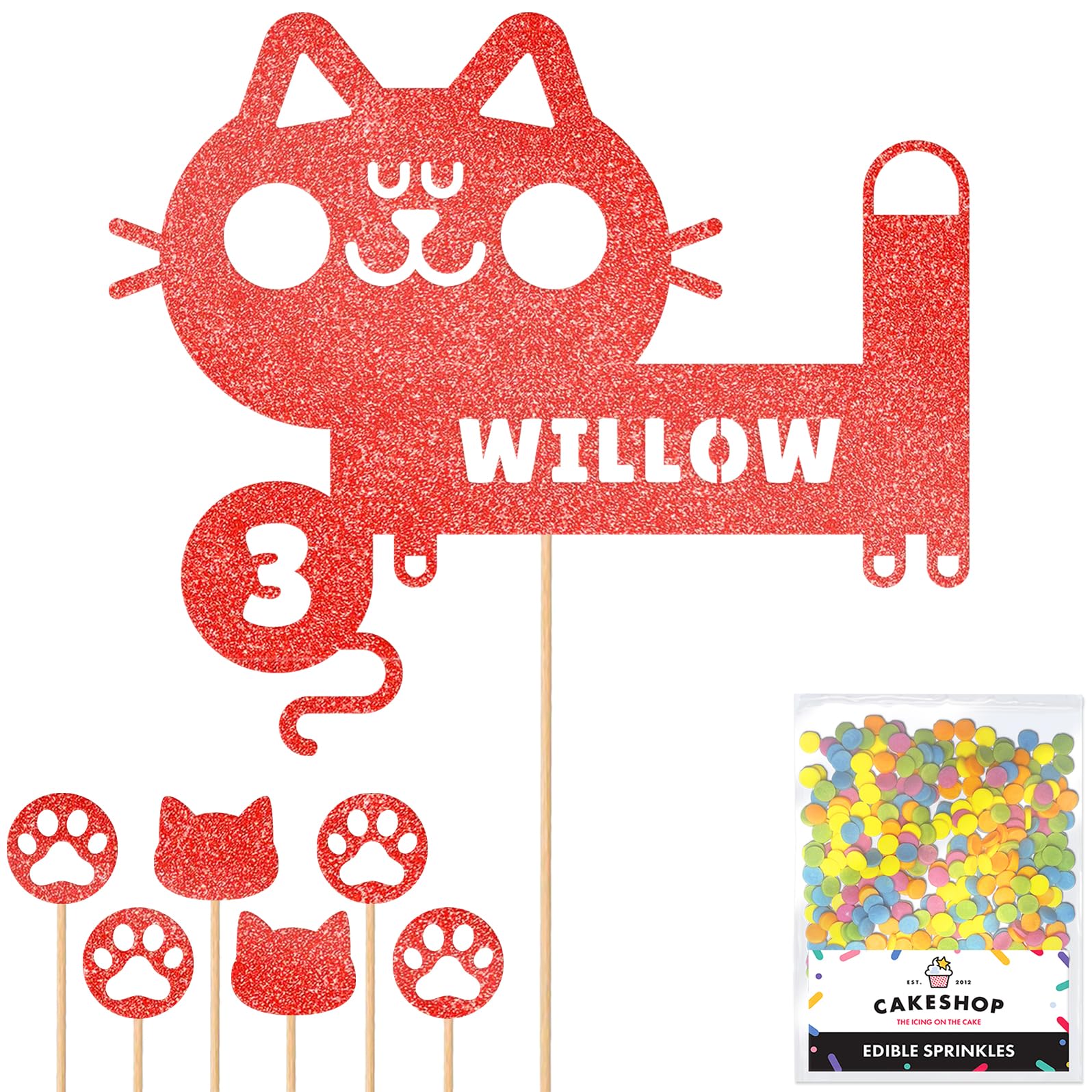 Personalised Birthday Cat Kitten Glitter Cake Topper- Red Any Name & Age Glitter Cake Decoration and Sprinkles - Happy Birthday Decorations - Personalised Toppers for Cakes by Cakeshop โ image 1