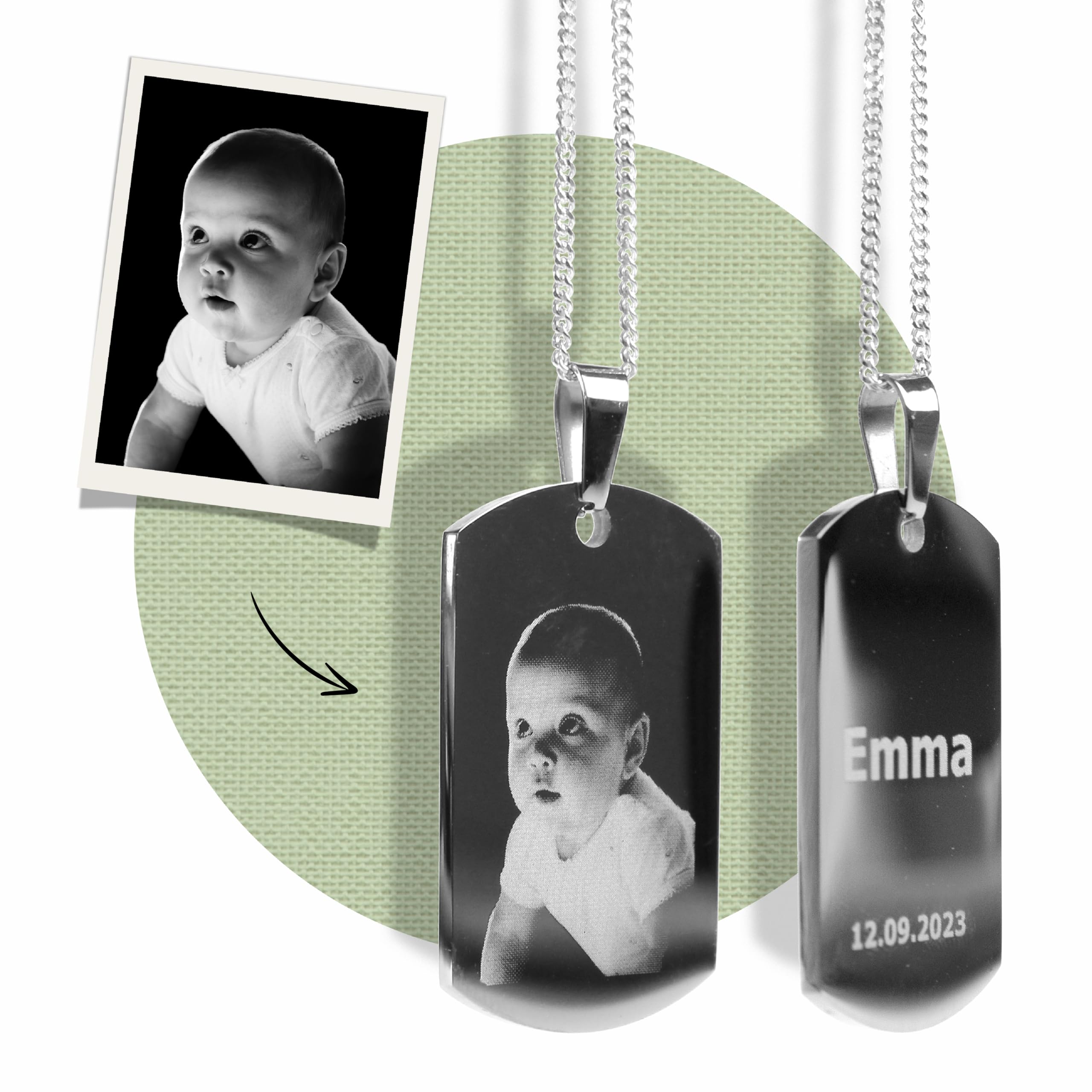 Dog-Tag Kette mit Foto-Gravur I Ihr Bild + Text gravieren I Personalisierter Ketten-Anhänger mit Kugelkette