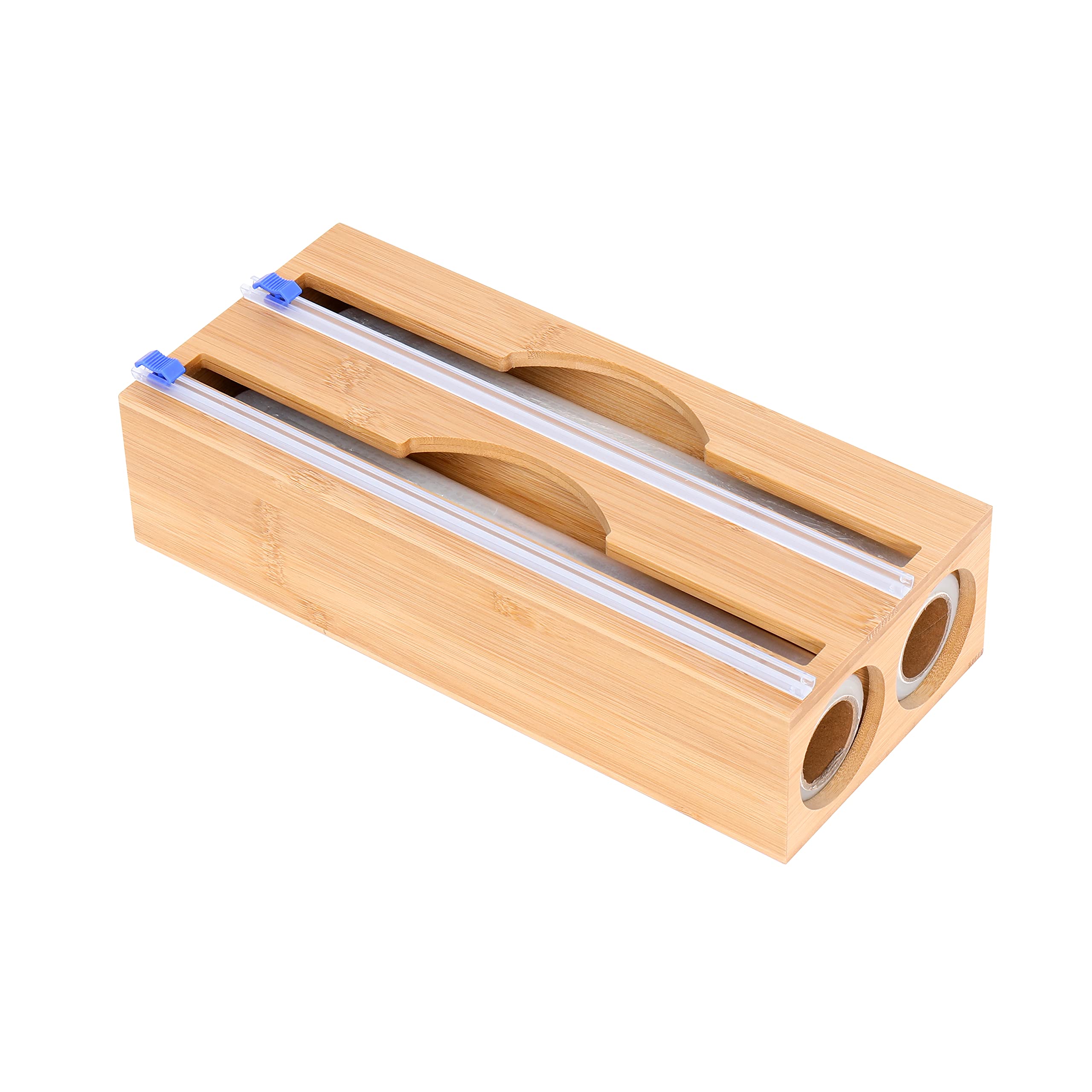 Ruibei 2 in 1 Plastic Wrap Dispenser with Cutter Bamboo Foil and Saran Wrap Dispenser, Aluminum Foil and Wax Paper Organizer kitchen organizer 13.1"x 6"x 3.8" Compatible with 12" Roll