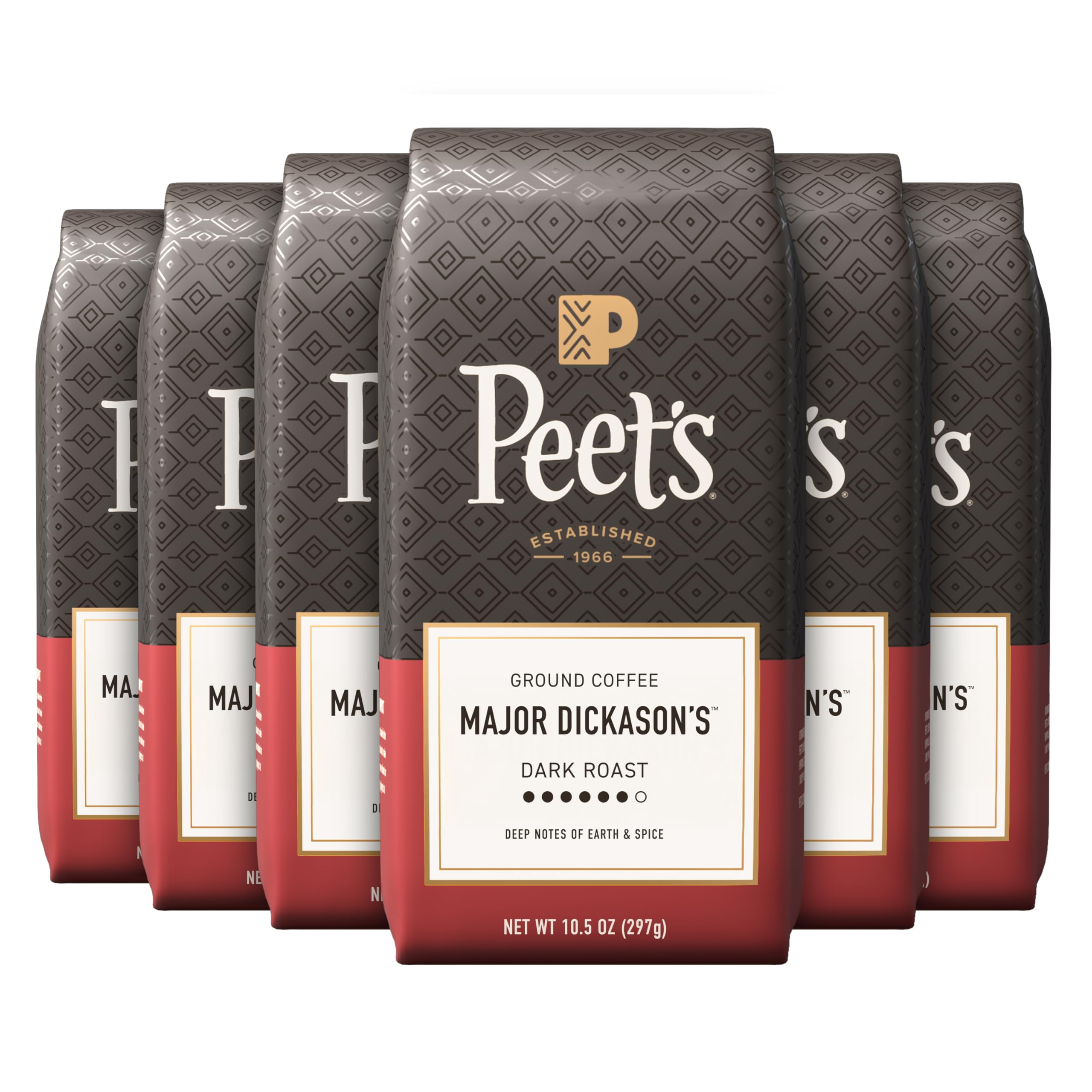 Peet's Coffee, Dark Roast Ground Coffee - Major Dickason's Blend 63 Ounces 10.5 Ounce (Pack of 6)