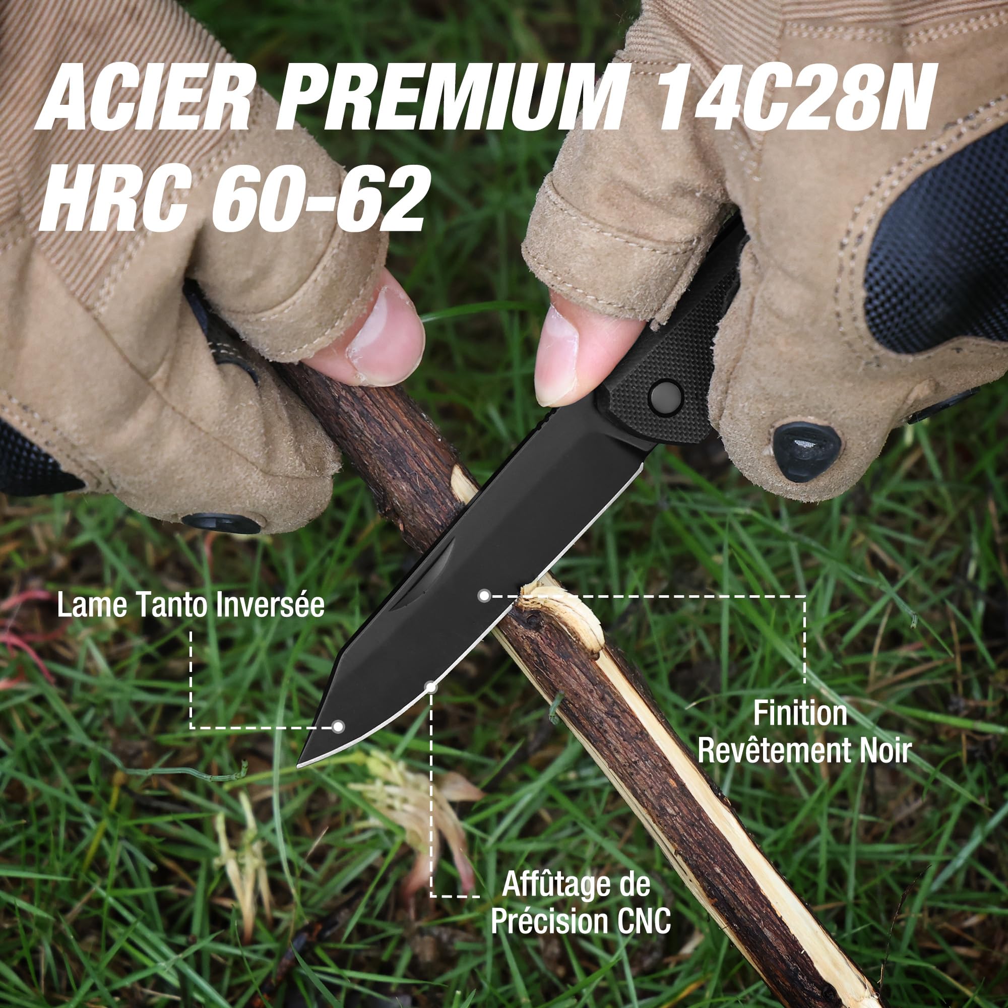 FLISSA Couteau Pliant de Poche en Acier 14C28N, Couteau Randonnée avec Manche G10, Clip de Ceinture, Idéal pour Camping, Alpinisme, Voyage, Usage Quotidien