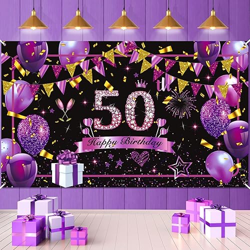 Cartel de feliz cumpleaños 50 para mujeres, decoración de cumpleaños 50 morado, negro, dorado, cartel de feliz cumpleaños de 50 años para mujeres y